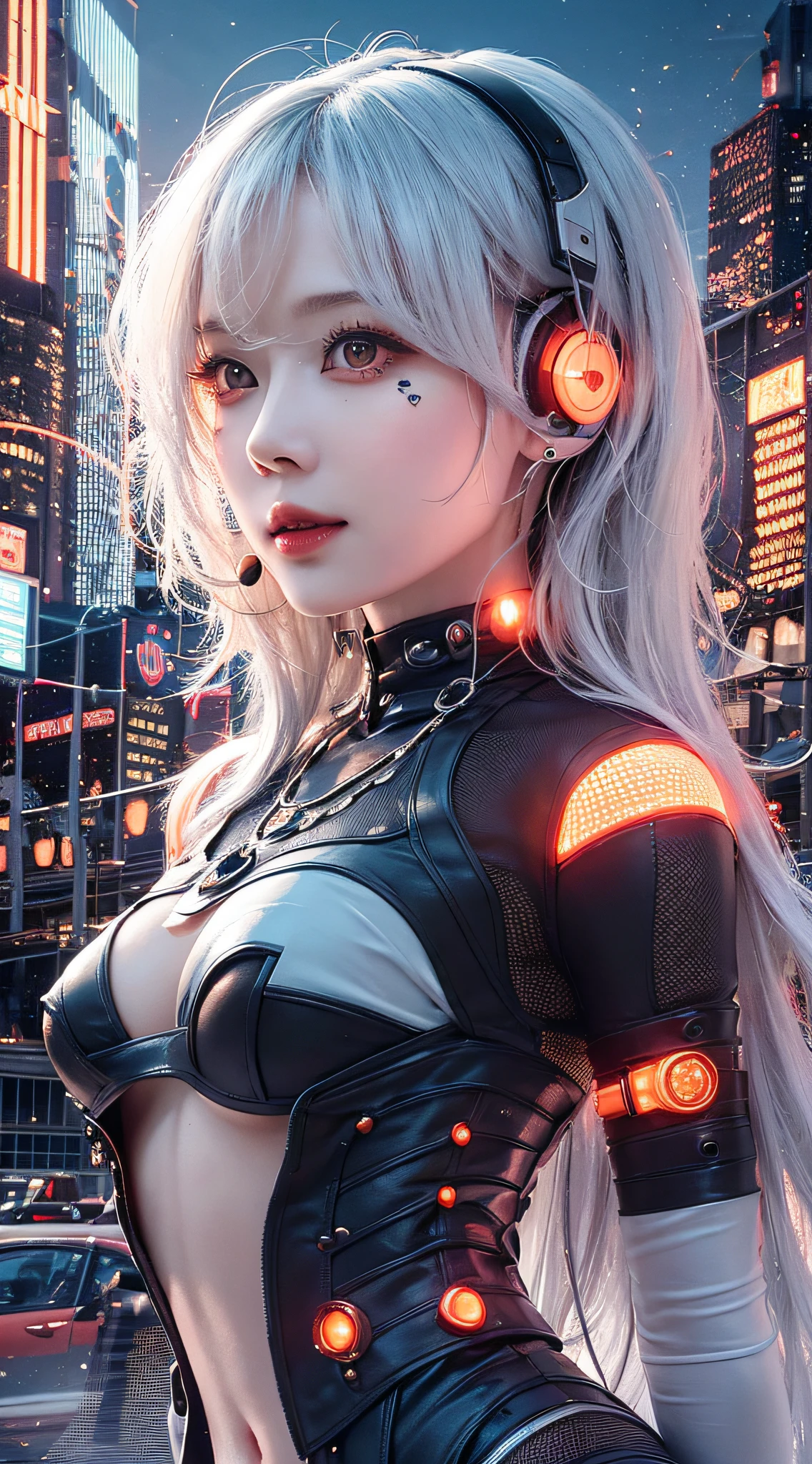 1 girl, Chinese_clothes, liquid silver and orange, cyberhan, cheongsam, cyberpunk city, dynamic pose, detailed luminous headphones, glowing hair accessories, long hair, glowing earrings, glowing necklace, cyberpunk, high-tech city, full of mechanical and futuristic elements, futuristic, technology, glowing neon, orange, orange light, transparent tulle, transparent streamers, laser, digital background urban sky, big moon, with vehicles, best quality, masterpiece, 8K, character edge light, Super high detail, high quality, the most beautiful woman in human beings, micro smile, face facing front and left and right symmetry, ear decoration, beautiful pupils, light effects, visual data, silver white hair, super detail facial texture