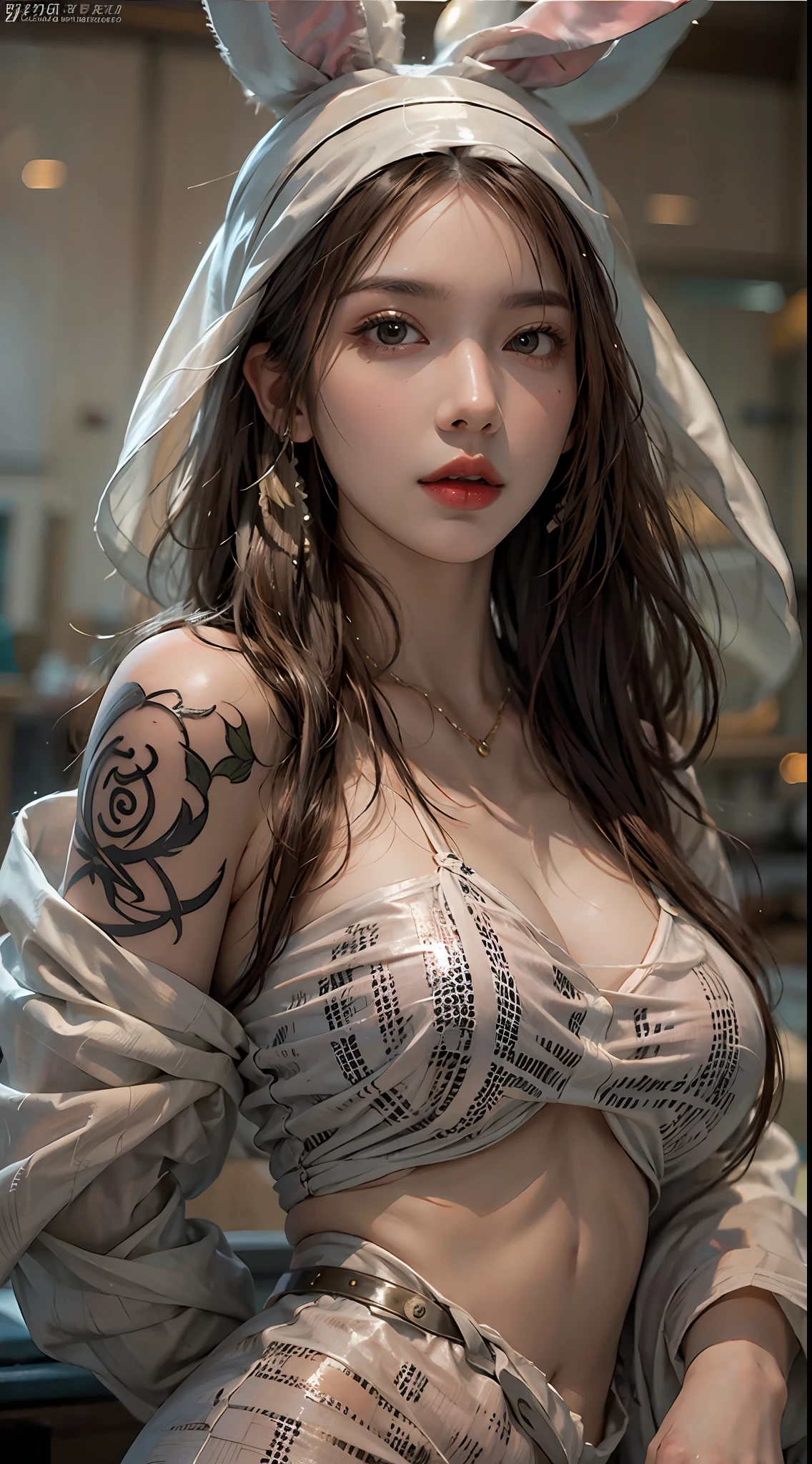 photorealistic, high resolution, 1women, solo, hips up, look at viewer, (detailed face), long hair, bunny suit, tattoo, jewelry