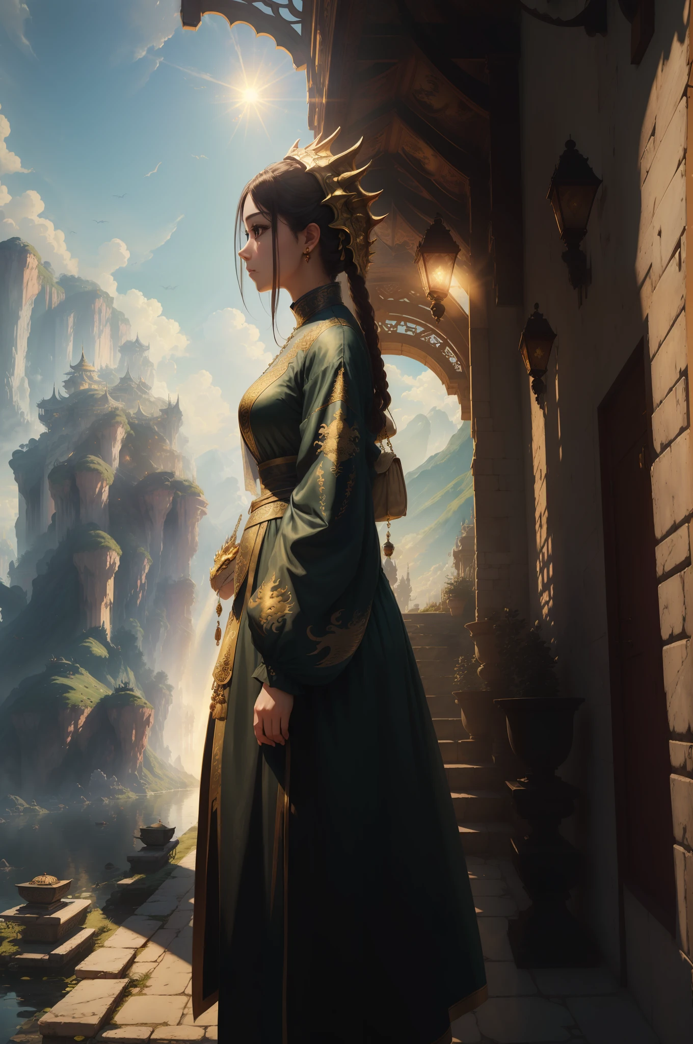 add_detail:1.5, (((masterpiece))), (((best quality))), sunlight, ((scenery)), aesthetic, aesthetic lighting, aesthetic shading, closed mouth, woman, embroidered clothing, gorgeous clothes, loose and baggy clothing, emperial dragon, emperial dragon inspired outfit --auto