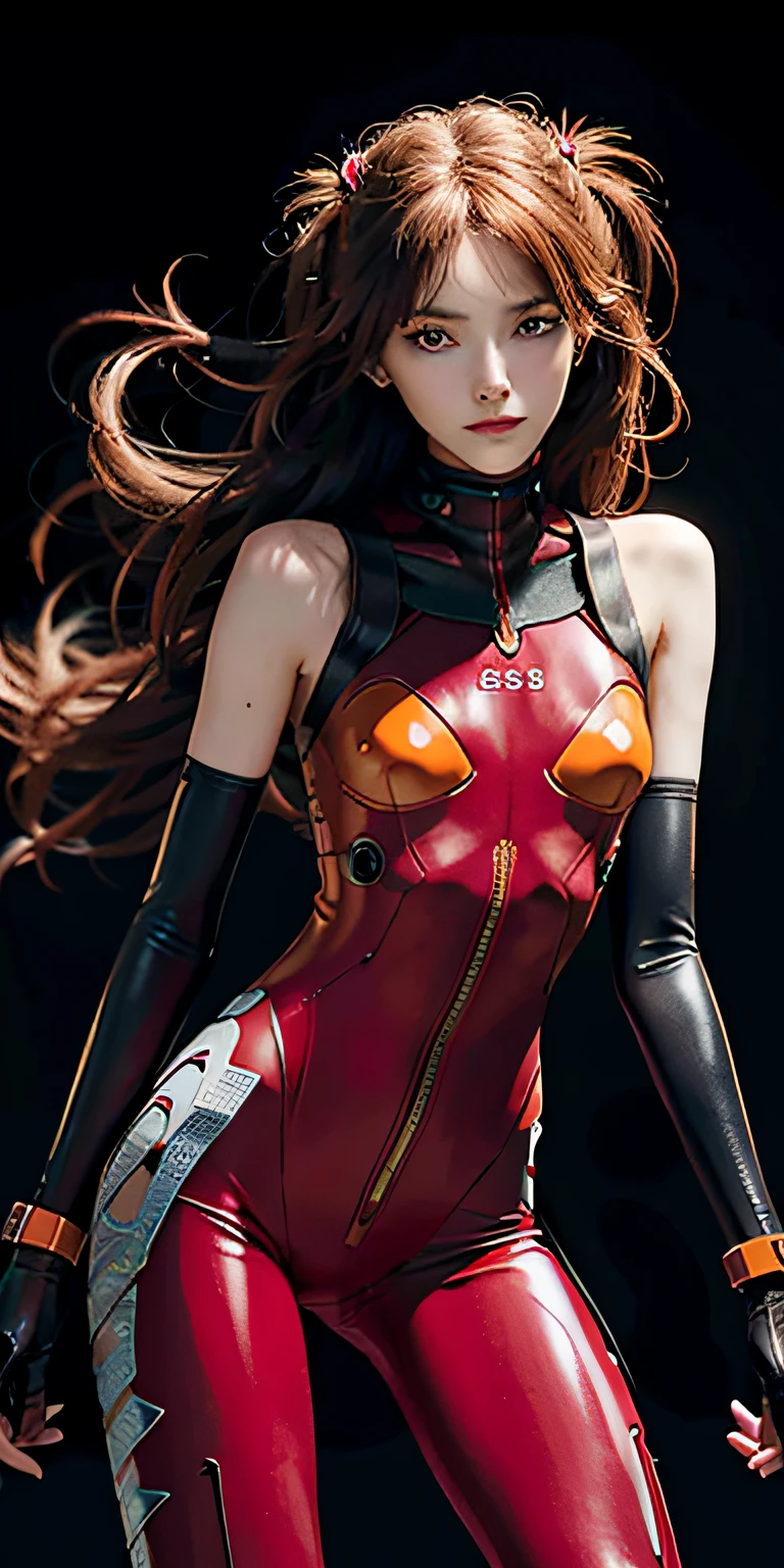 （（Realistis））） photore， tmasterpiece， highest  quality， 1girll， slenderwaist， best qualityer， paleskin，huge tit， Acid tassel carangley， plugsuit 02， with black background， （Detailed face and eyes：1.1）， Smug， Be red in the face， （is shy））， Extremely delicate and beautiful girl， dynamicposes， （to8contrast style）