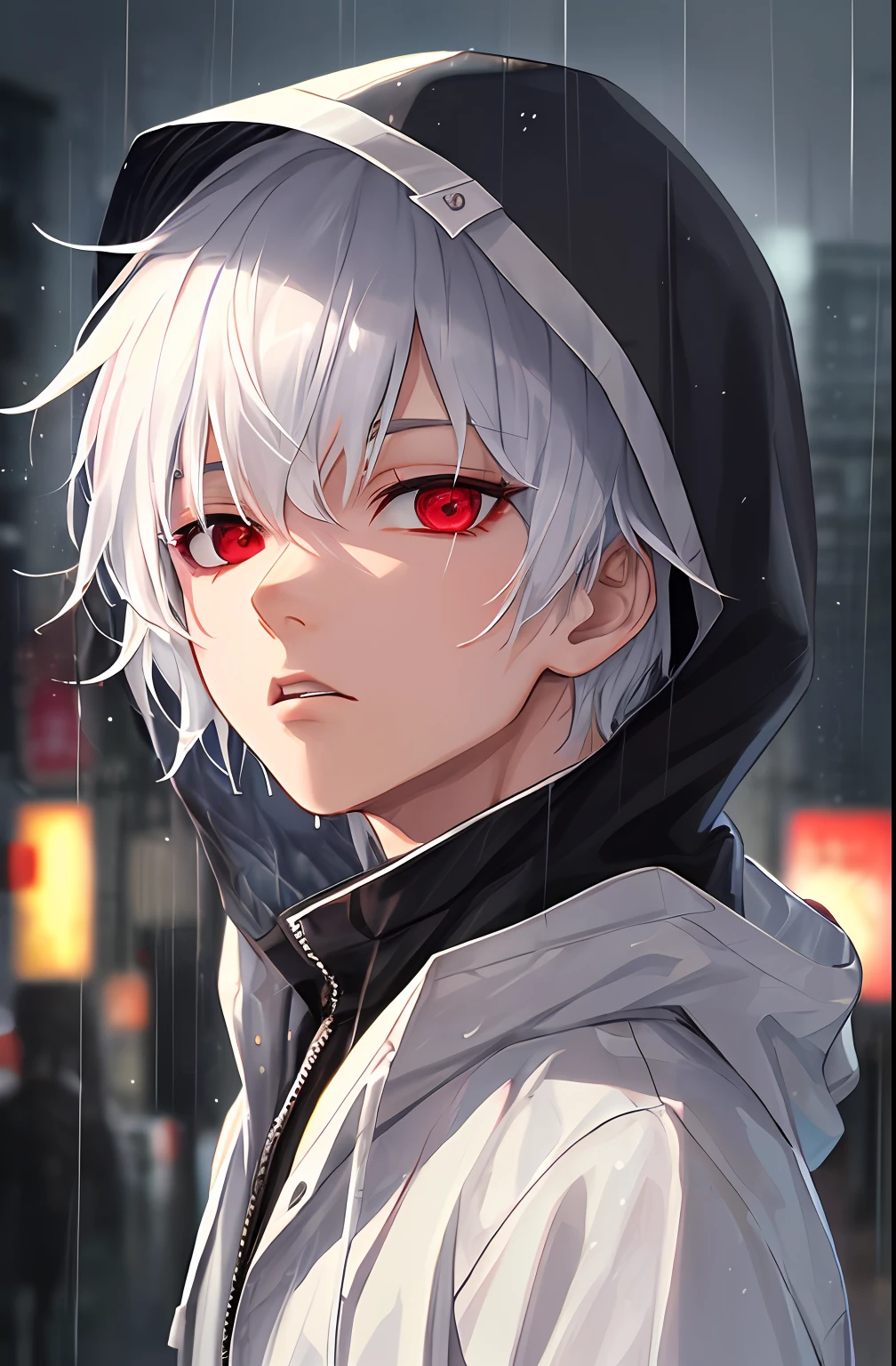 kk, best quality, more details, masterpiece, 1boy, kaneki ken, portrait, male focus, red eyes, solo, bangs, looking at viewer, hood, short hair, rain, tokyo tokyo \(city\), hood up, nail polish, white hair, luxurious, 8k, detailed, ray tracing, depth of field, cinematic lighting,