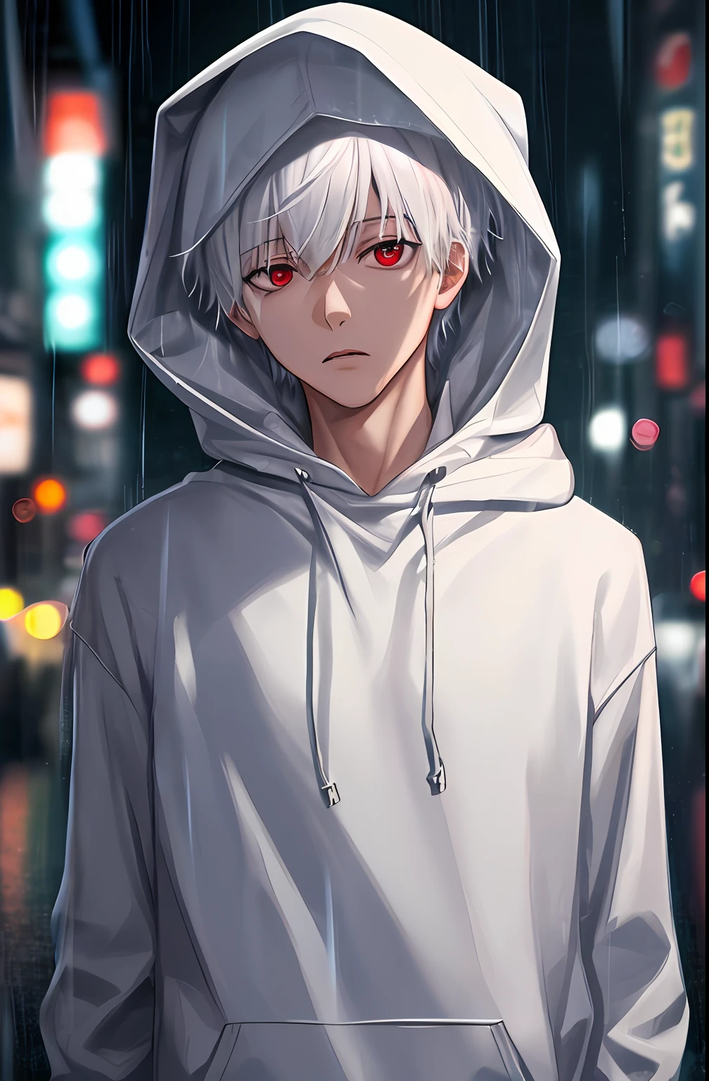 kk, best quality, more details, masterpiece, 1boy, kaneki ken, portrait, male focus, red eyes, solo, bangs, looking at viewer, hood, short hair, rain, tokyo tokyo \(city\),  hood up, nail polish, white hair, luxurious, 8k, detailed, ray tracing, depth of field, cinematic lighting,