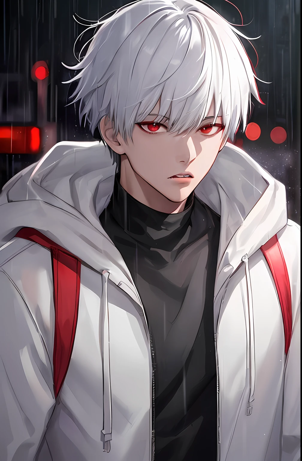 kk, best quality, more details, masterpiece, 1boy, kaneki ken, portrait, male focus, red eyes, solo, bangs, looking at viewer, hood, short hair, rain, tokyo tokyo \(city\),  hood up, nail polish, white hair, luxurious, 8k, detailed, ray tracing, depth of field, cinematic lighting,