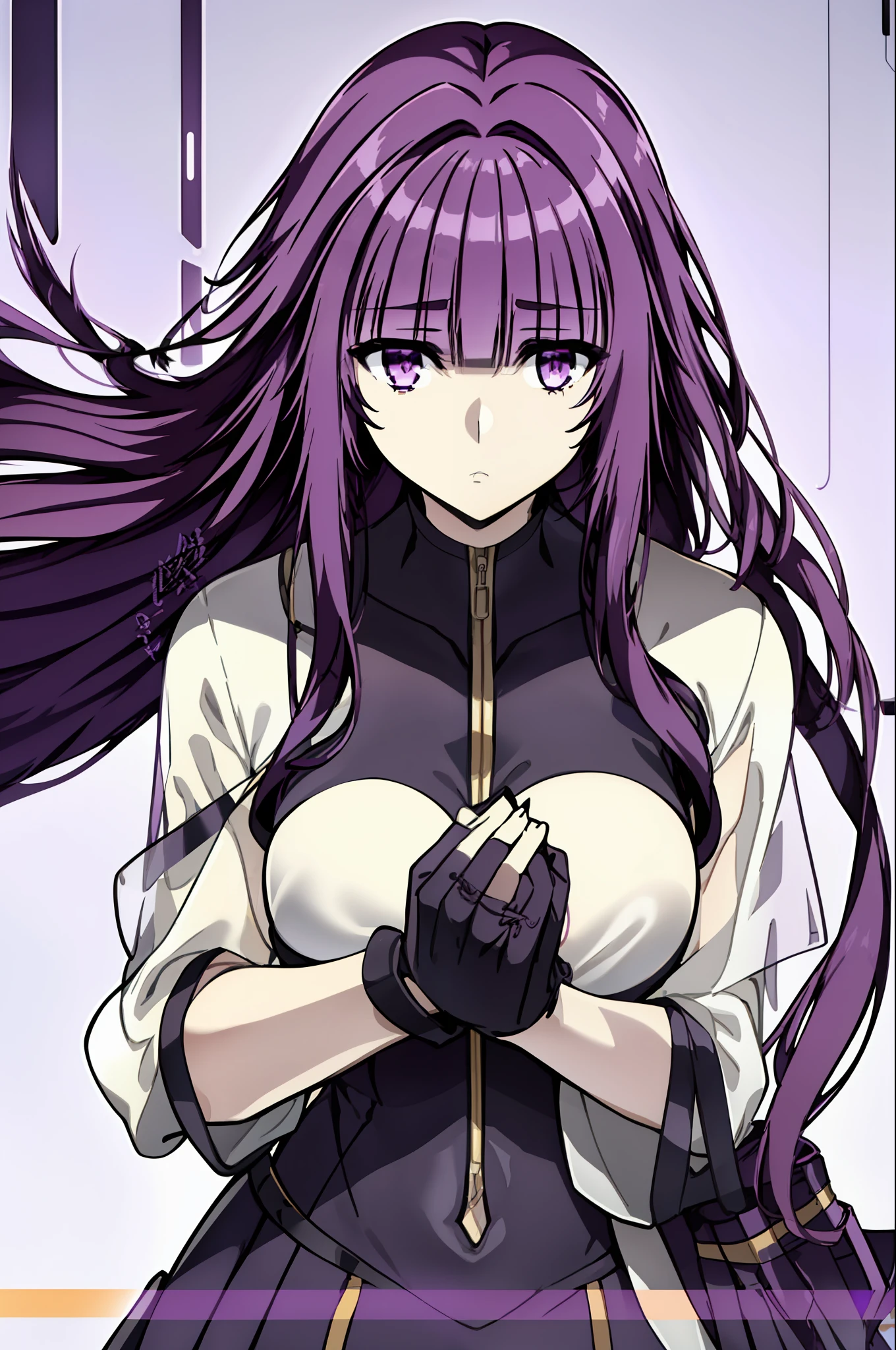 1girl, bangs, blunt_bangs, breasts, cover, c covered_navel, eyebrows_visible_through_hair, fake_cover, gloves, holding, long_hair, looking_at_viewer, medium_breasts, purple_eyes, purple_hair, solo, very_long_hair