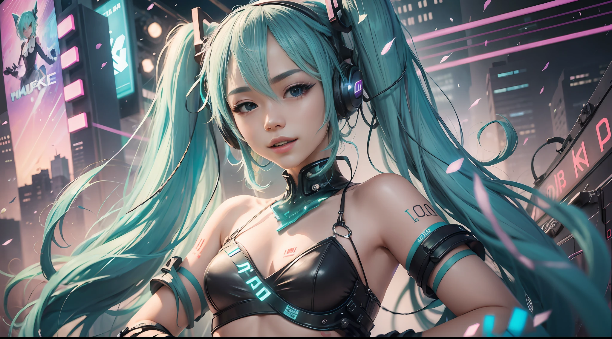 Hatsune Miku listened to the music and danced，offcial art，统一 8k 壁纸，ultra - detailed，Beauty and aesthetics，tmasterpiece，best qualtiy，The character is centered，Musical elements，cyber punk perssonage，facial details are real，（ssmile：0.7）