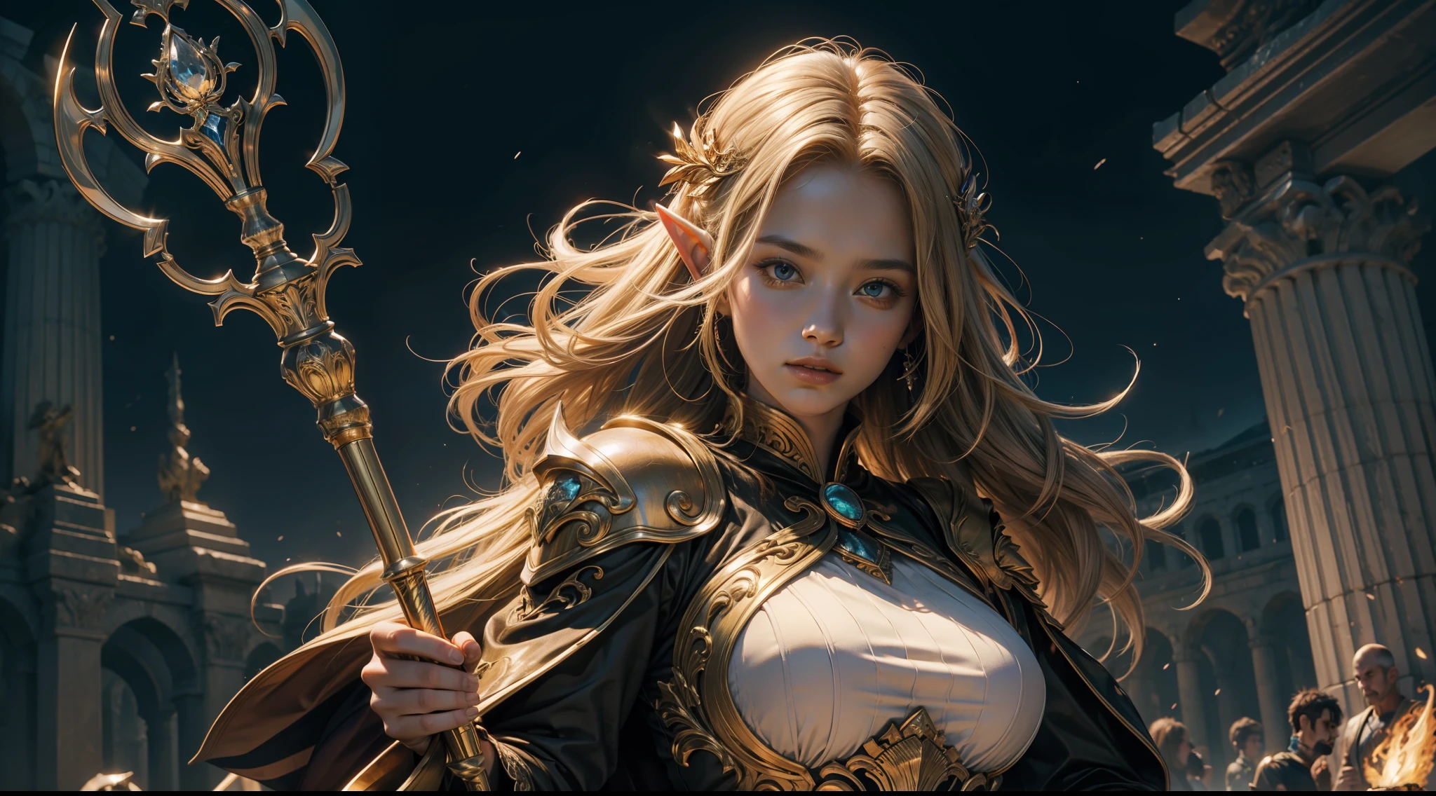 tmasterpiece,top-quality,best qualityer,offcial art,Beauty and aesthetics:1.2),(tmasterpiece:1.3), (8K, realisticlying, RAW photos, best qualtiy: 1.4), beauitful face, (photorealiscic face),超高分辨率, Ultra photo realsisim, highly detailed, the golden ratio, (Award-winning digital artwork:1.3) af (sketching:1.3),(with dynamism:1.3),(Saturation:1.3),(Close portrait:1.3),illusory engine, (High detail: 1.9),(femele:1.4),(big breasts beautiful: 1.4),(carismatic:1.3),Huge ruins,speleothems,the night,Female elf,half-body shots,Large breasts,(Close portrait:1.3),illusory engine, (High detail: 1.9),volumettic light,(((Glowing scepter)))