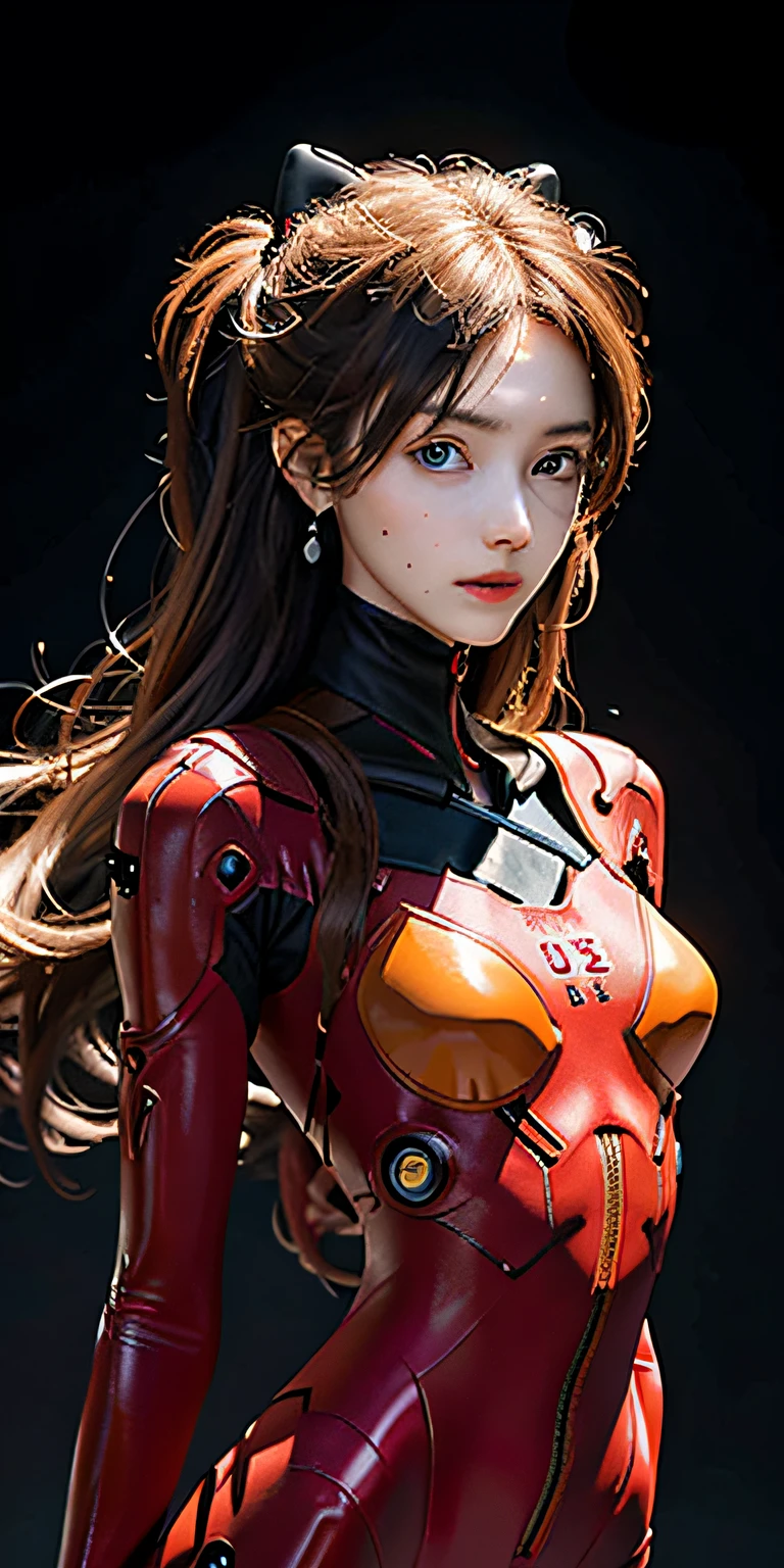 （（Realistis））） photore， tmasterpiece， highest  quality， 1girll， slenderwaist， best qualityer， paleskin，huge tit， Acid tassel carangley， plugsuit 02， with black background， （Detailed face and eyes：1.1）， Smug， Be red in the face， （is shy））， Extremely delicate and beautiful girl， dynamicposes， （to8contrast style）