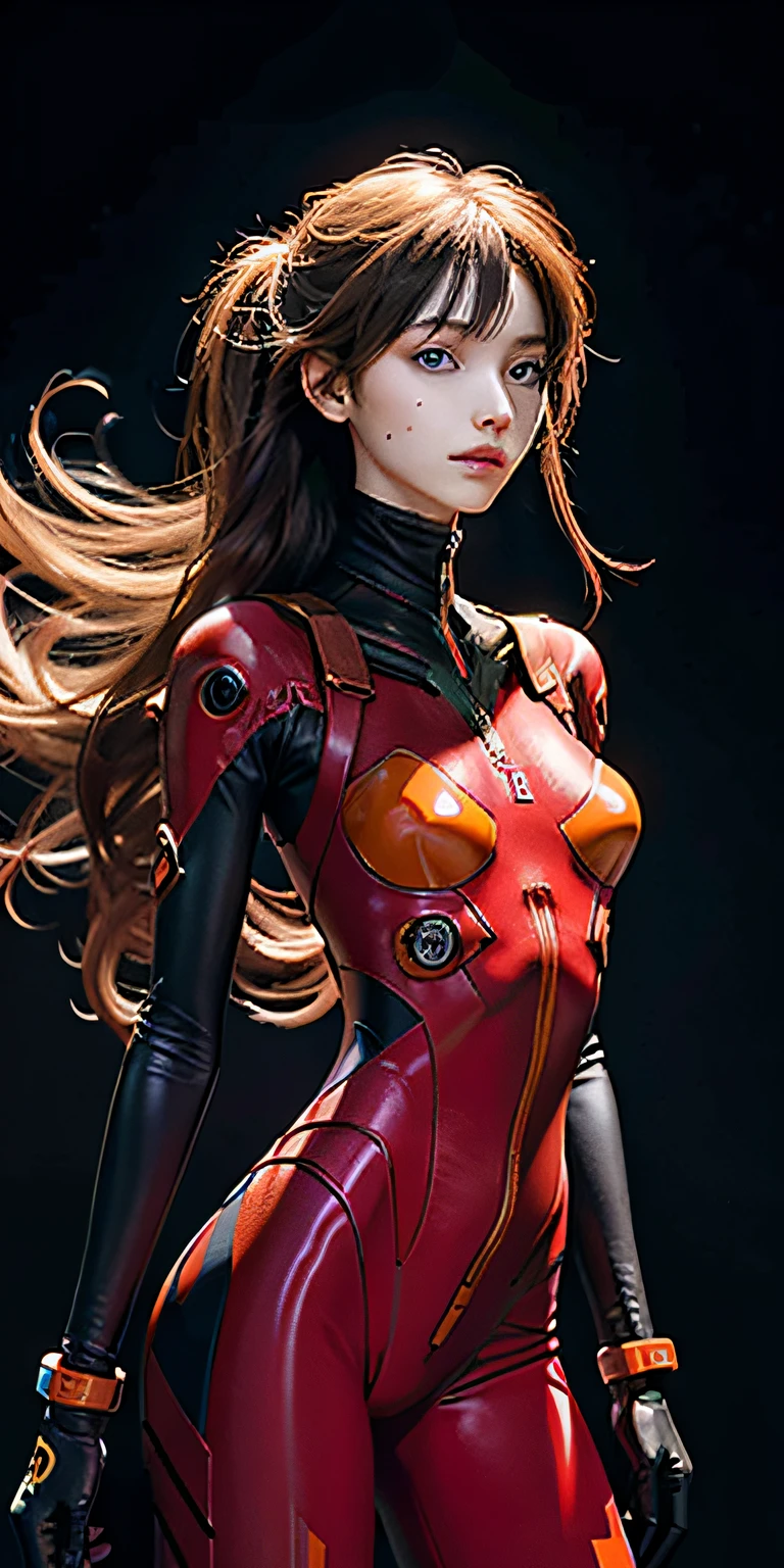 ((Realistis))) photore, tmasterpiece, highest quality, 1girll, slenderwaist, best qualityer, paleskin,huge tit, Acid tassel carangley, plugsuit 02, with black background, (Detailed face and eyes:1.1), Smug, Be red in the face, (is shy)), Extremely delicate and beautiful girl, dynamicposes, (to8contrast style)