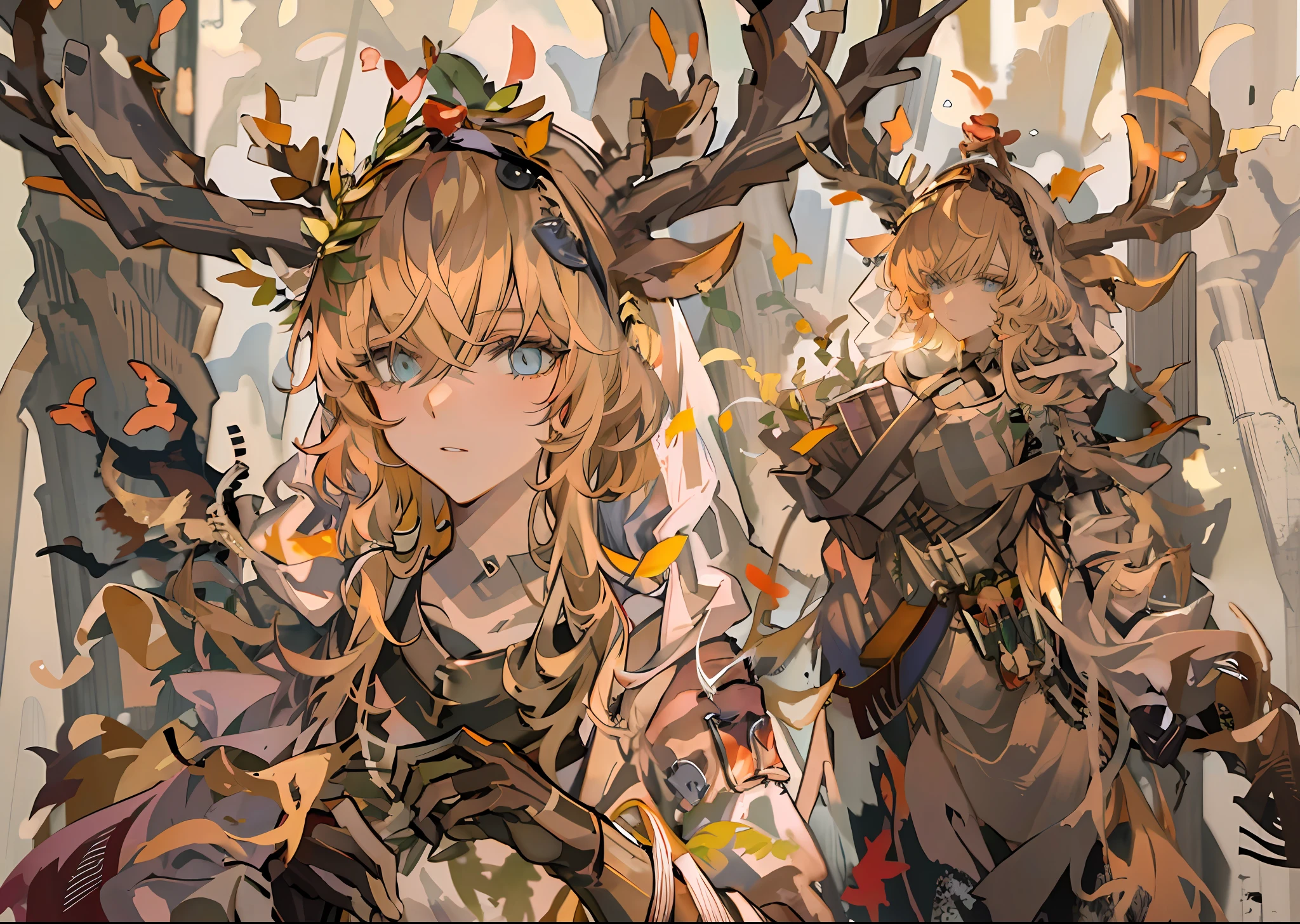 anime - style image of a woman with a sword and armor, From the night of the ark, in monster hunter armor, arknight, a warm color palette，Golden hair，anthropomorphic deer female, a very beautiful berserker woman, ( ( concept art of character ) ), a female druid, official character art, female forest archer, anthropomorphic female deer, forest hunter lady, a druid, eBlue eyes，forest backgrou，Stand in the forest