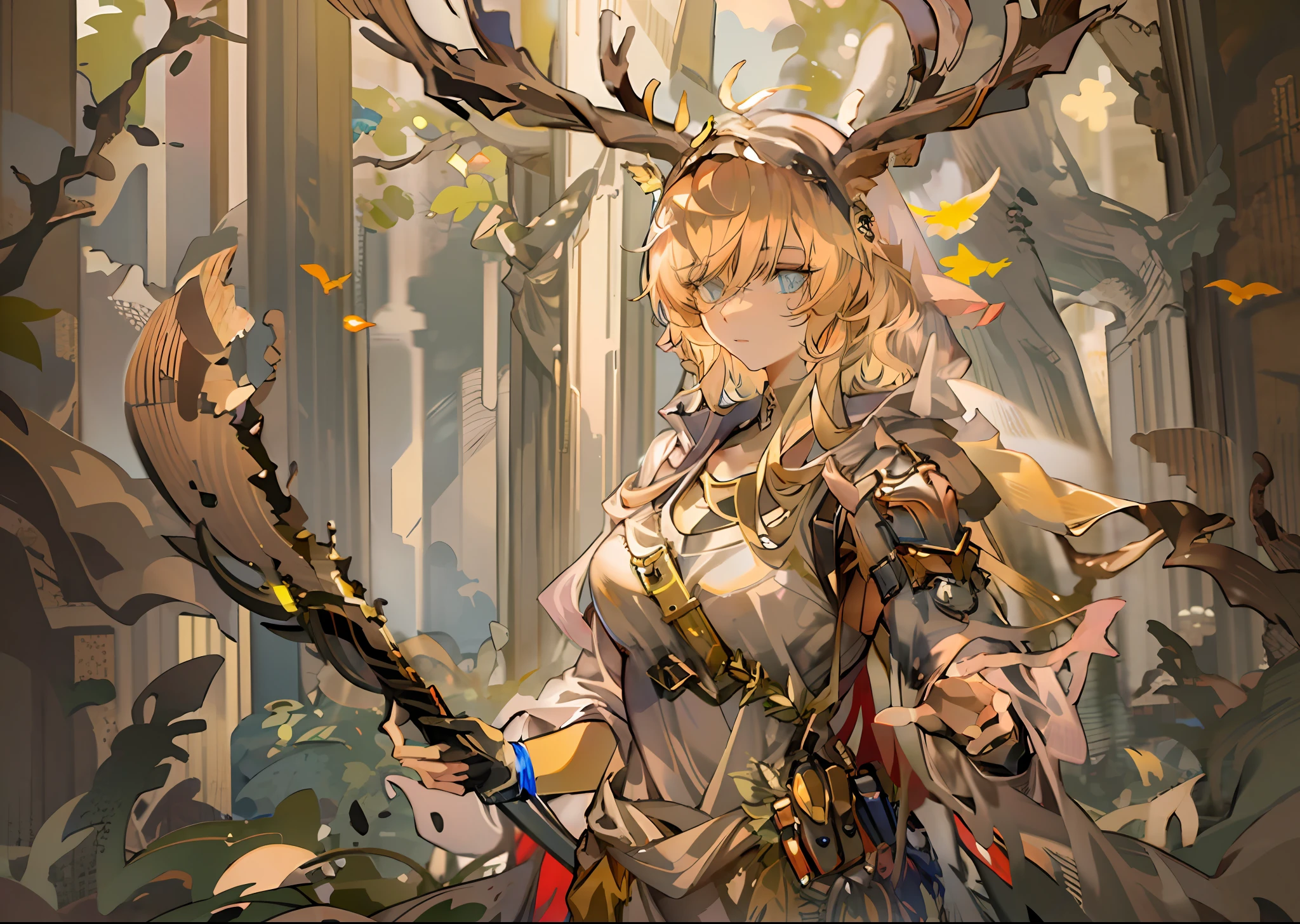 anime - style image of a woman with a sword and armor, From the night of the ark, in monster hunter armor, arknight, a warm color palette，Golden hair，anthropomorphic deer female, a very beautiful berserker woman, ( ( concept art of character ) ), a female druid, official character art, female forest archer, anthropomorphic female deer, forest hunter lady, a druid, eBlue eyes，forest backgrou，Stand in the forest