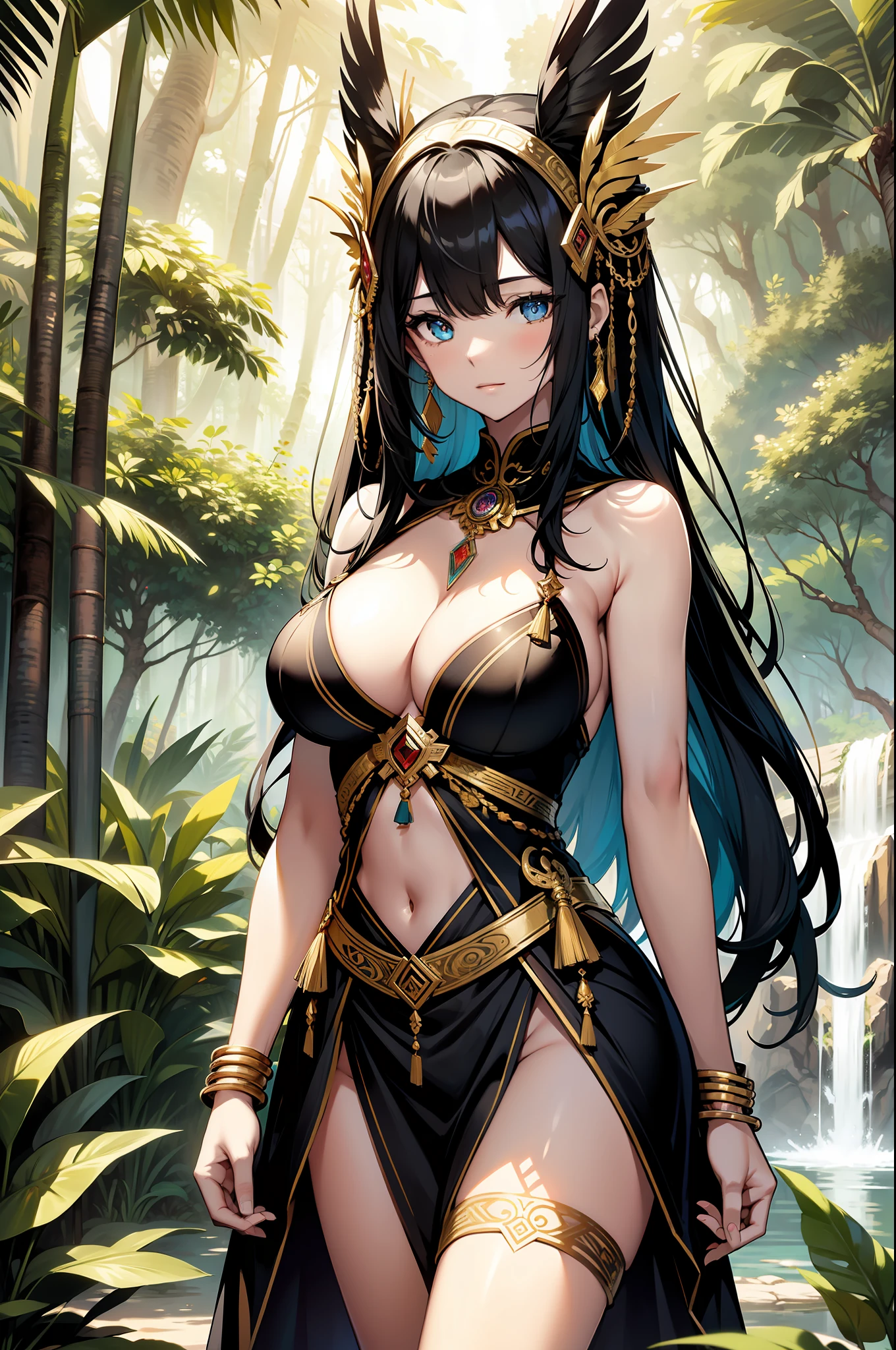 masterpiece,(bestquality),highlydetailed,ultra-detailed,pale skin,mesmerizing eyes,flowing black hair,ornate golden jewelry,feathers in hair,headdress of flowers, vibrant colors, serenity, ancient civilization, at a temple, in the jungle, mystical atmosphere, sunlight filtering through trees, lush greenery, tranquil waterfall, Mayan symbols and glyphs, elegant and graceful pose, goddess-like presence, cultural significance.