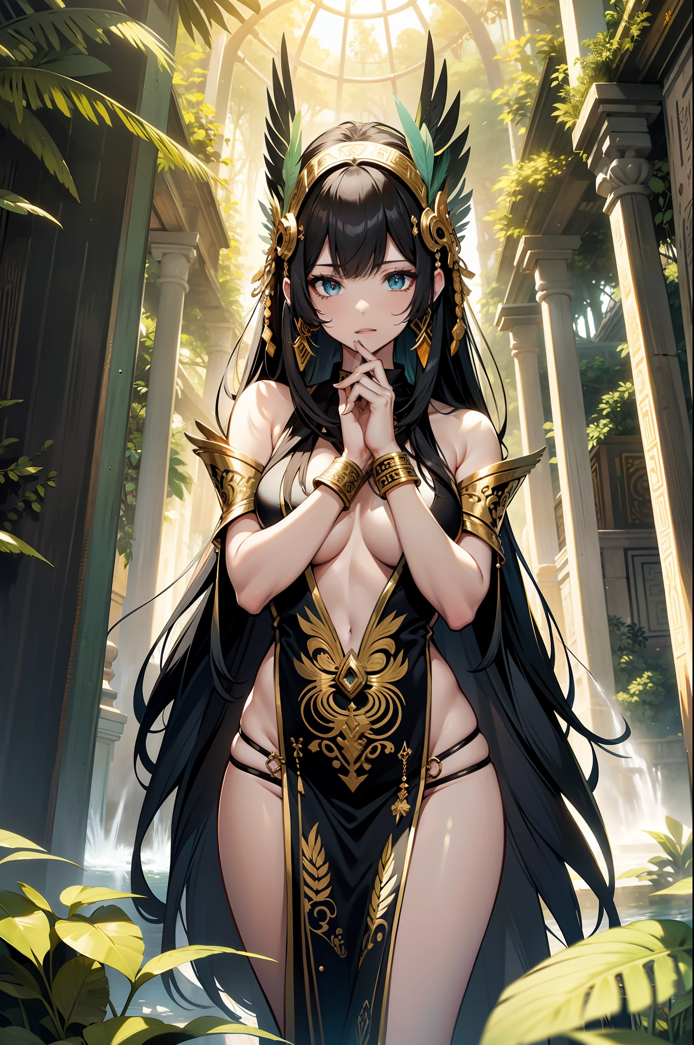masterpiece,(bestquality),highlydetailed,ultra-detailed,pale skin,mesmerizing eyes,flowing black hair,ornate golden jewelry,feathers in hair,headdress of flowers, vibrant colors, serenity, ancient civilization, at a temple, in the jungle, mystical atmosphere, sunlight filtering through trees, lush greenery, tranquil waterfall, Mayan symbols and glyphs, elegant and graceful pose, goddess-like presence, cultural significance.