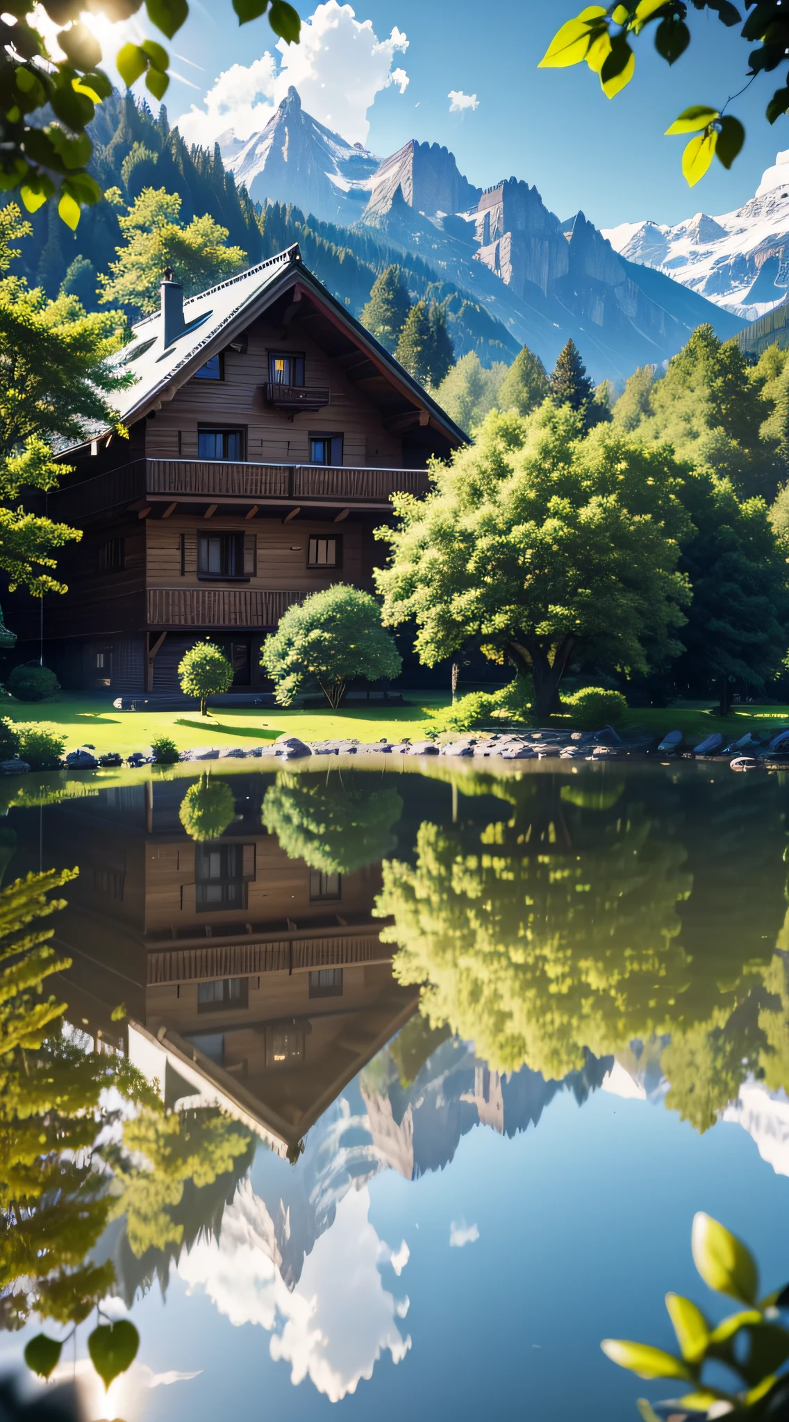 A chalet by the lake with greenery, A big tree, interior architecture, ray tracing, reflection light, wide shot, perspective, bokeh, UHD