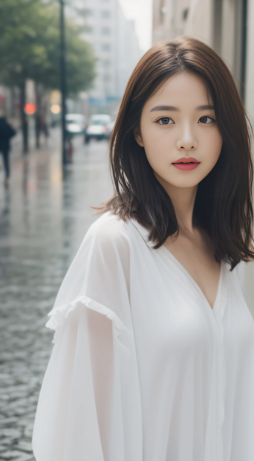 ((Best Quality, 8K, Masterpiece:1.3)), Focus: 1.2, Perfect Body Beauty: 1.4, Buttocks: 1.2, ((Layered Haircut, Breasts: 1.2)), (Wet Clothes: 1.1) , (Rain, Street:1.3), Bandeau Dress: 1.1, Highly Detailed Face and Skin Texture, Delicate Eyes, Double Eyelids, Whitened Skin, Long Hair