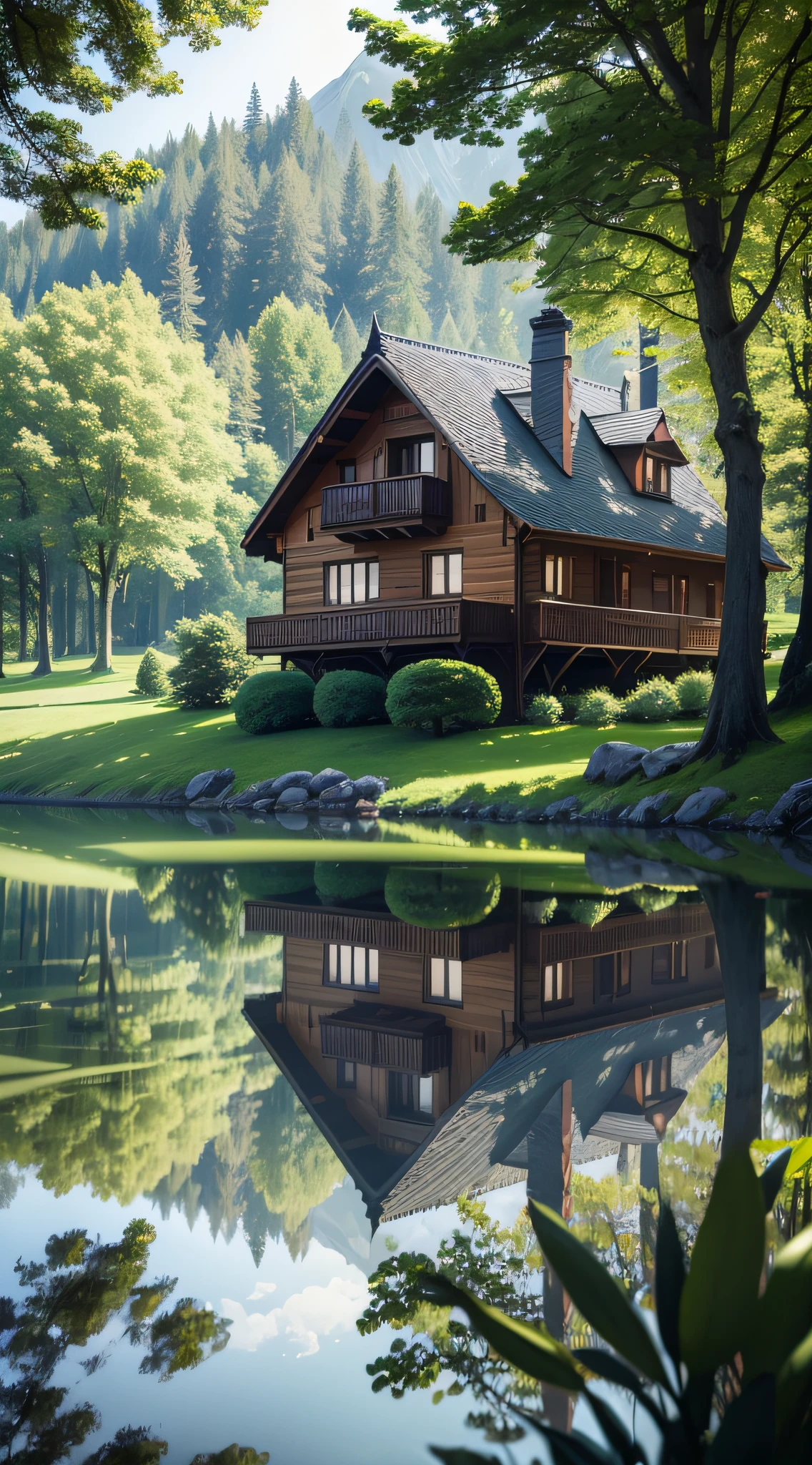 A chalet by the lake with greenery, A big tree, interior architecture, ray tracing, reflection light, wide shot, perspective, bokeh, UHD