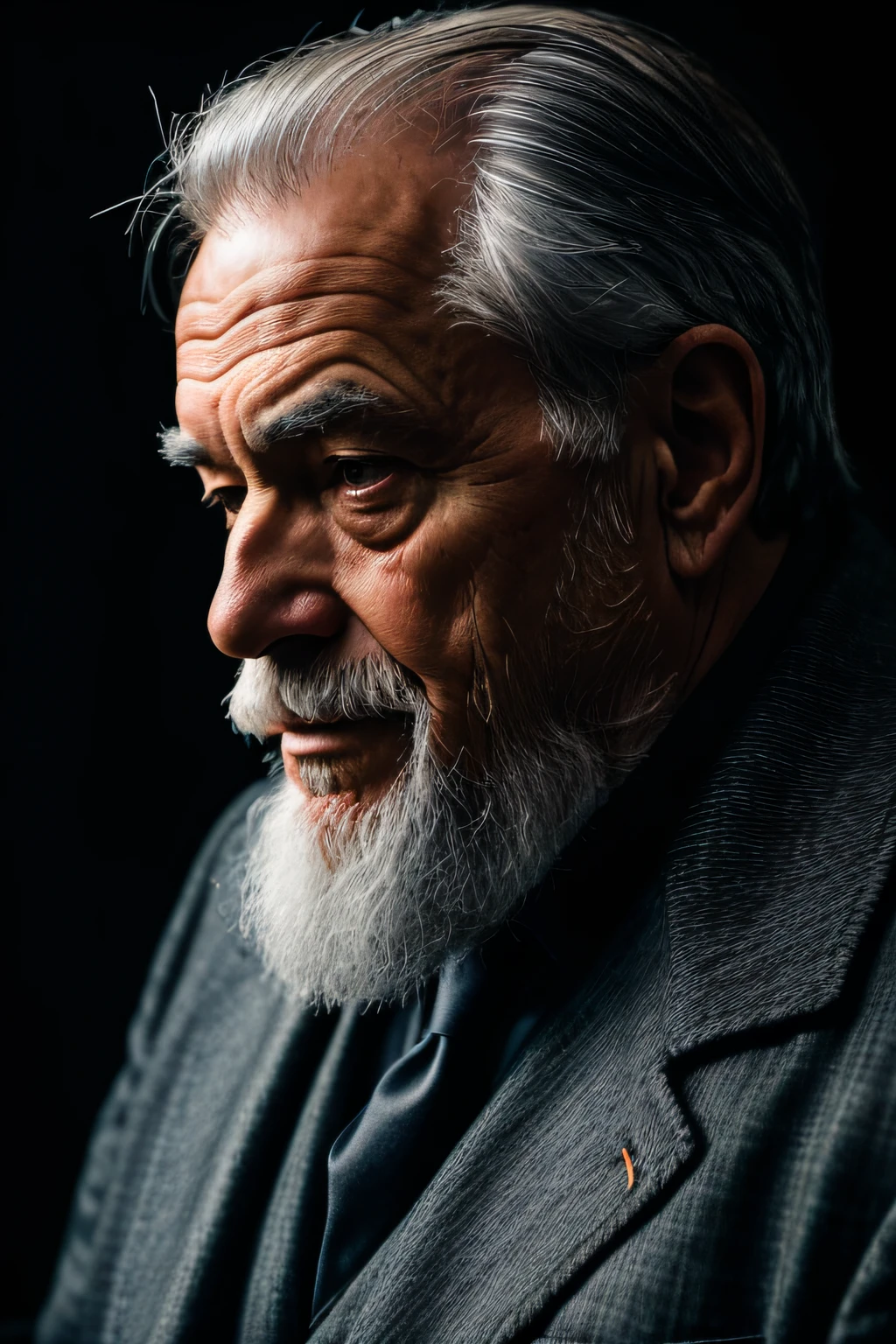 Graying old man with an air of grandeur looking in profile as if advising. Black background with a lot of realism and cinematic lighting, Detailing the striking features of the face, with wise and experienced expression, wearing classic and imposing costumes, fotografia, lente de retrato de 50mm, f/2.8, ISO 100, --ar 16:9 --v 5.
