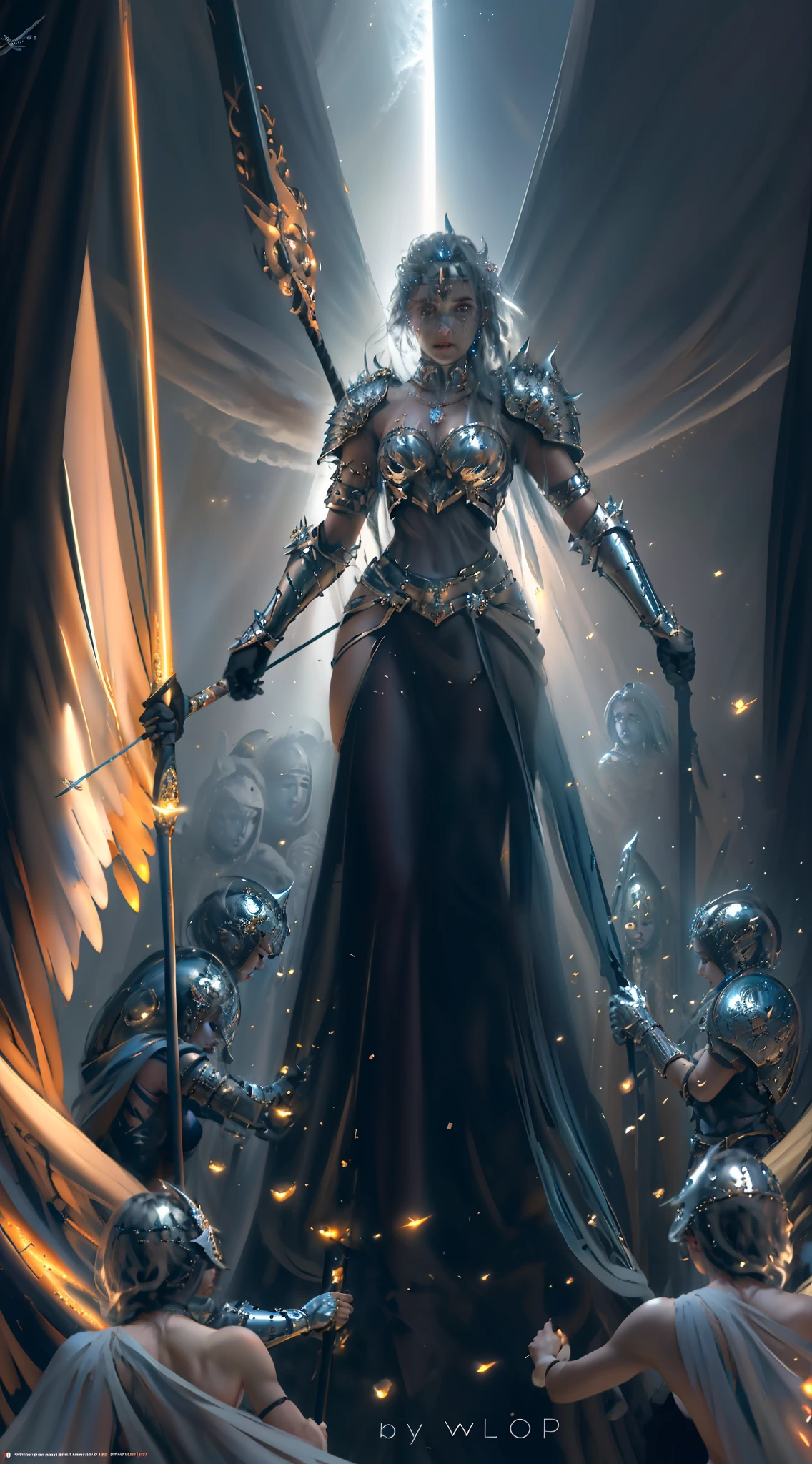 the celestial realm, depict Goddess Selene adorned in radiant armor, wielding a majestic staff with the elements swirling around her. Show her surrounded by fellow celestial beings, standing valiantly against a dark, menacing force threatening to engulf the world., Detailed beautiful face, beautiful sharp eyes , sharp jawline , close up face ,