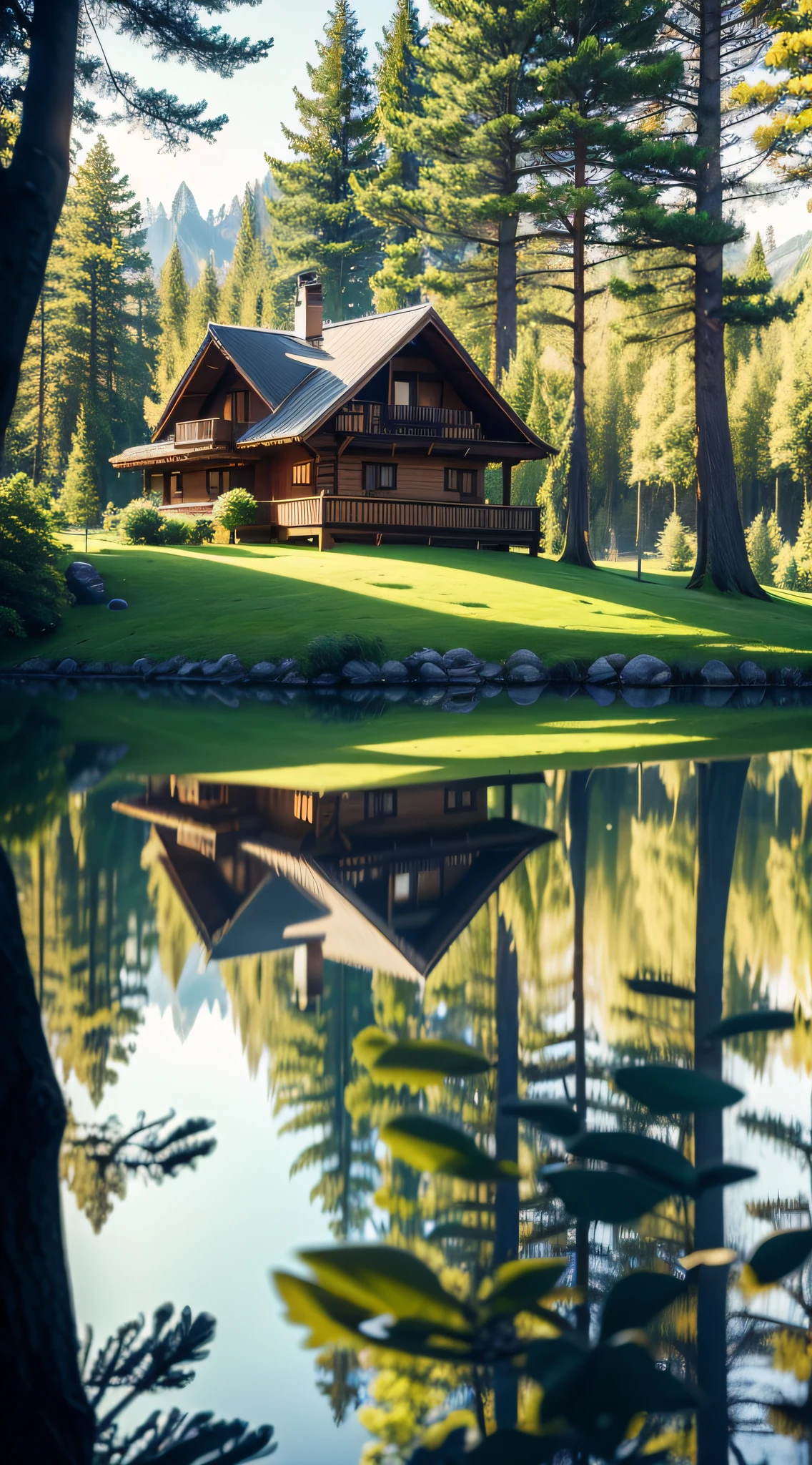 A chalet by the lake with greenery, A big tree, interior architecture, ray tracing, reflection light, wide shot, perspective, bokeh, UHD
