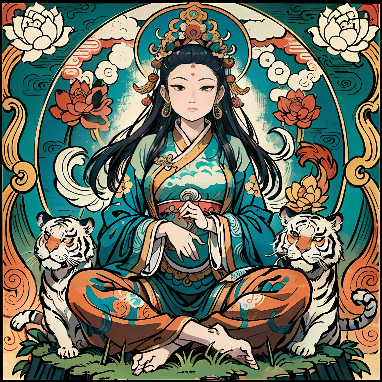 an ancient Chinese goddess, guanyin of the southern seas, Guanyin, Inspired by India, Avalokiteshvara rides a tiger,Serene expression,shui mo hua,Buddha,Buddhist,Lotus,Chinese painting style,Thangka style