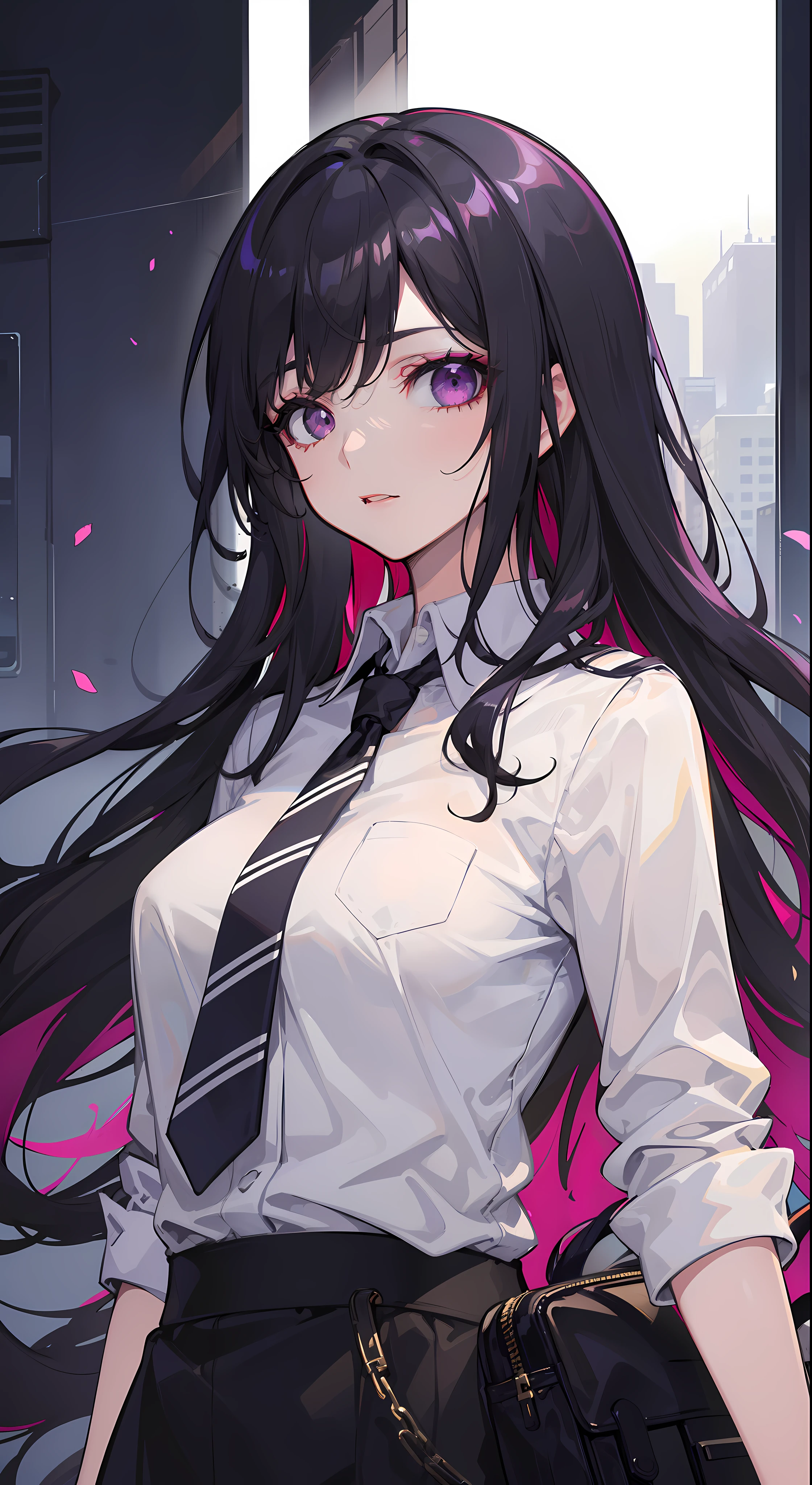 (masterpiece:1.2, best quality1:1, ultra-detailed:1.2, best shadow, 8k:1.1), (office background), (beautiful detailed face), high contrast, (perfect illumination:1.2, beautiful color, delicate color), ((cinematic light)), hyper detail, dramatic light, intricate details, (1 girl, solo, black hair, sharp face, messy long hair:1.2, wavy hair:1.1, purple eyes, glowing eyes, dynamic angle, office, formal, upper body:1.2), (eye focus:0.9), (beautiful eyes), (center focus:1.2), depth of field, dark purple particles, (purple aura), makeup, dark red lipstick, dark red eyeshadow, hyperdetail makeup, hyperdetail lipstick, hyperdetail eyeshadow, ((half body shot:1.3))