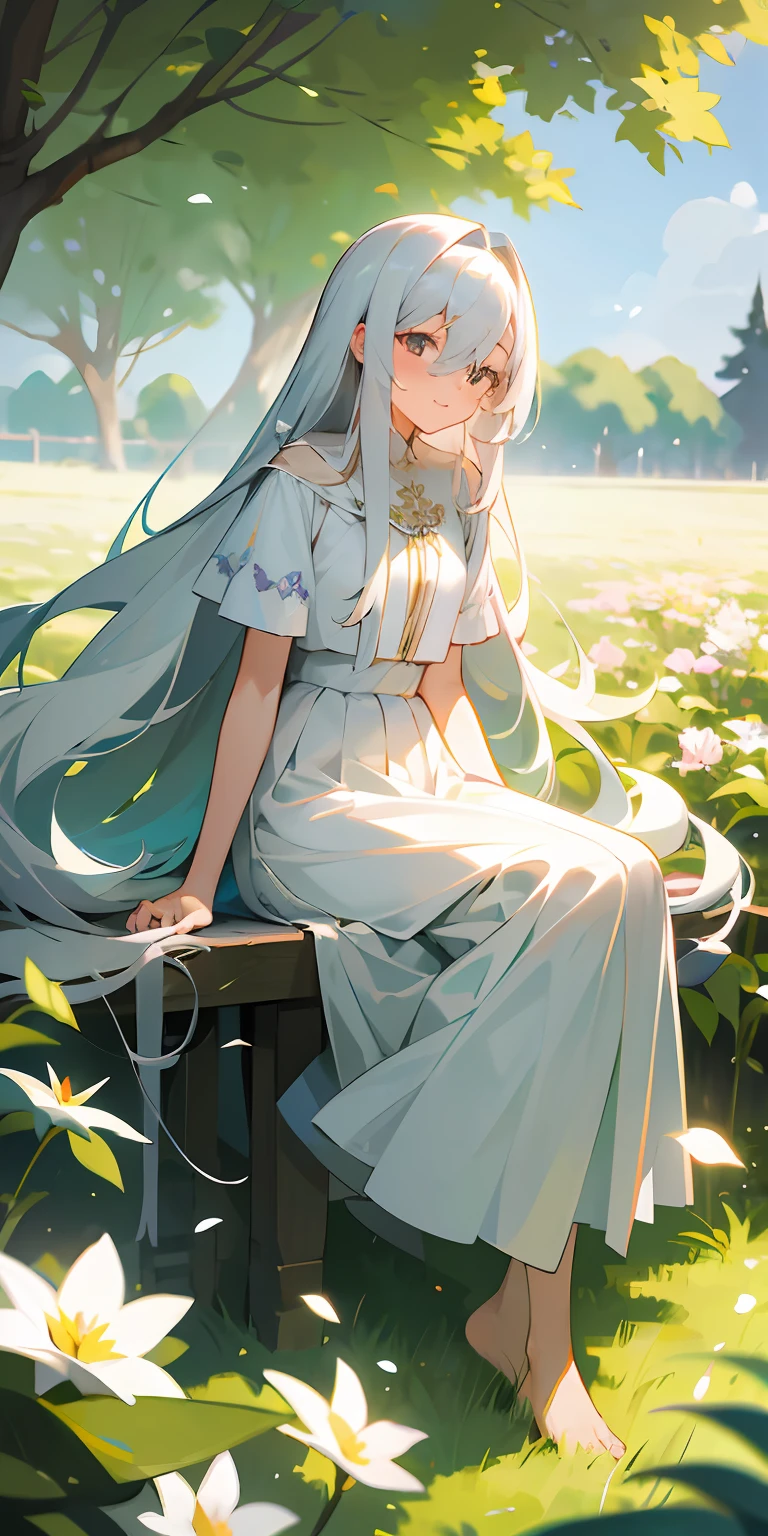 （tmasterpiece，best qualtiy），1 girl with long white hair sitting in a field of greenery and flowers，warmly lit，JK skirt，Blurred foreground，Hold your legs with both hands，ssmile，Barefoot