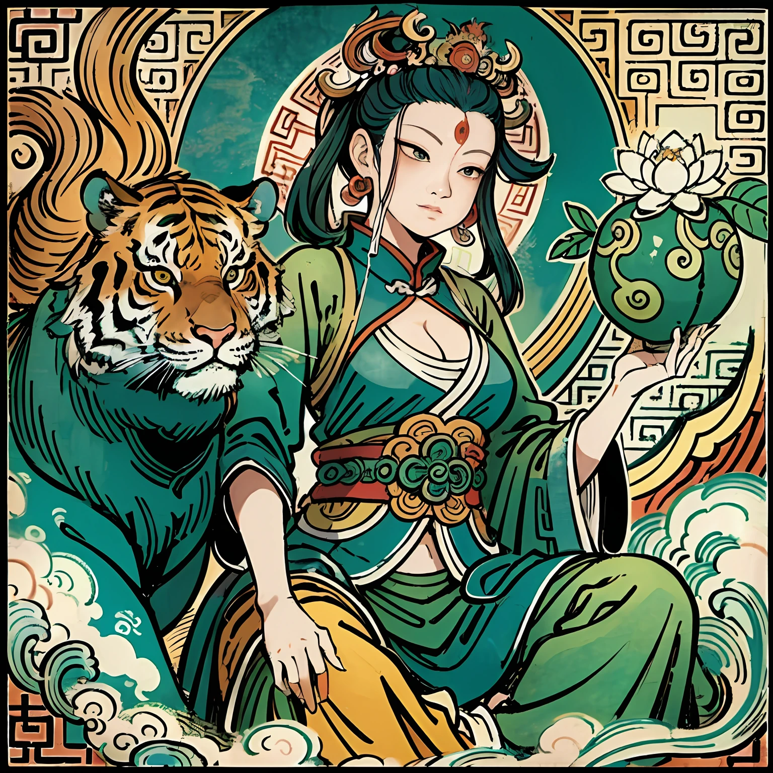 an ancient Chinese goddess, guanyin of the southern seas, Guanyin, Inspired by India, Avalokiteshvara rides a tiger,Serene expression,shui mo hua,Buddha,Buddhist,Lotus,Chinese painting style,Thangka style