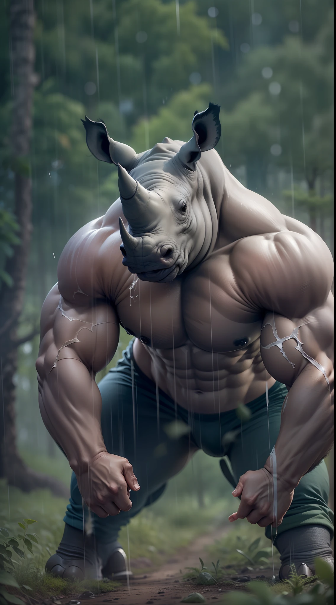 ((A rhino , super strong, Bodybuilder, muscular,)) wearing a stylish gym outfit, raining, a Forest in The background, 35mm lens, photography, ultra details, precise texture details HDR, UHD,64K
