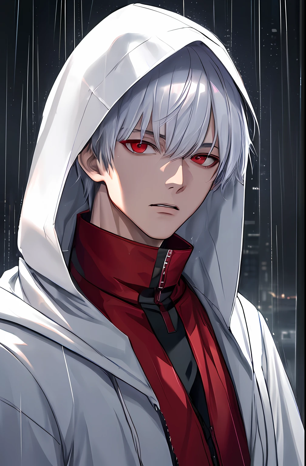 kk, best quality, more details, masterpiece, 1boy, kaneki ken, portrait, male focus, red eyes, solo, bangs, looking at viewer, hood, short hair, rain, tokyo tokyo \(city\),  hood up, nail polish, white hair, luxurious, 8k, detailed, ray tracing, depth of field, cinematic lighting,