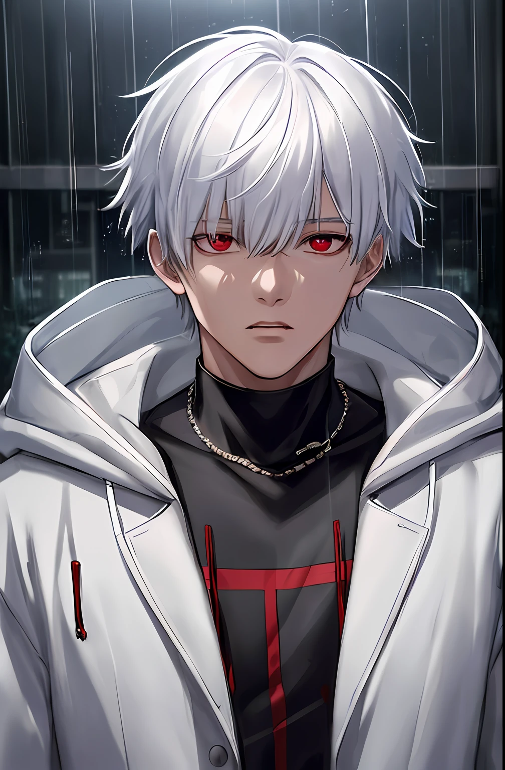 kk, best quality, more details, masterpiece, 1boy, kaneki ken, portrait, male focus, red eyes, solo, bangs, looking at viewer, hood, short hair, rain, tokyo tokyo \(city\), hood up, nail polish, white hair, luxurious, 8k, detailed, ray tracing, depth of field, cinematic lighting,