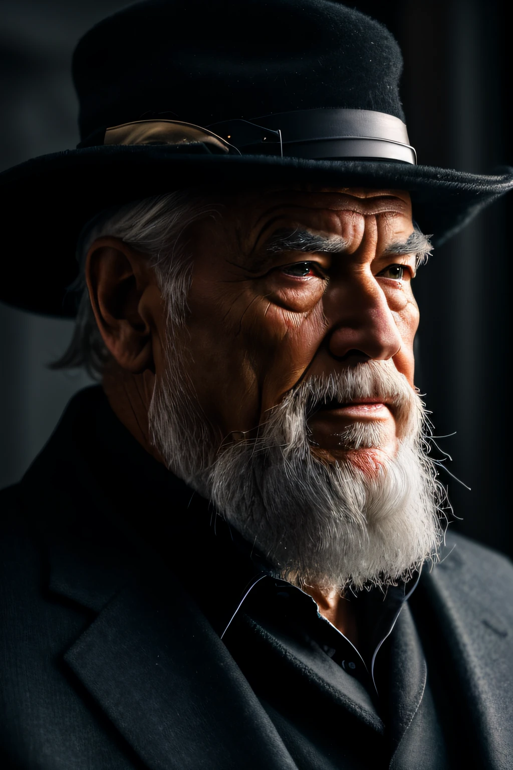 Graying old man with an air of grandeur looking in profile as if advising. Black background with a lot of realism and cinematic lighting, Detailing the striking features of the face, with wise and experienced expression, wearing classic and imposing costumes, fotografia, lente de retrato de 50mm, f/2.8, ISO 100, --ar 16:9 --v 5.