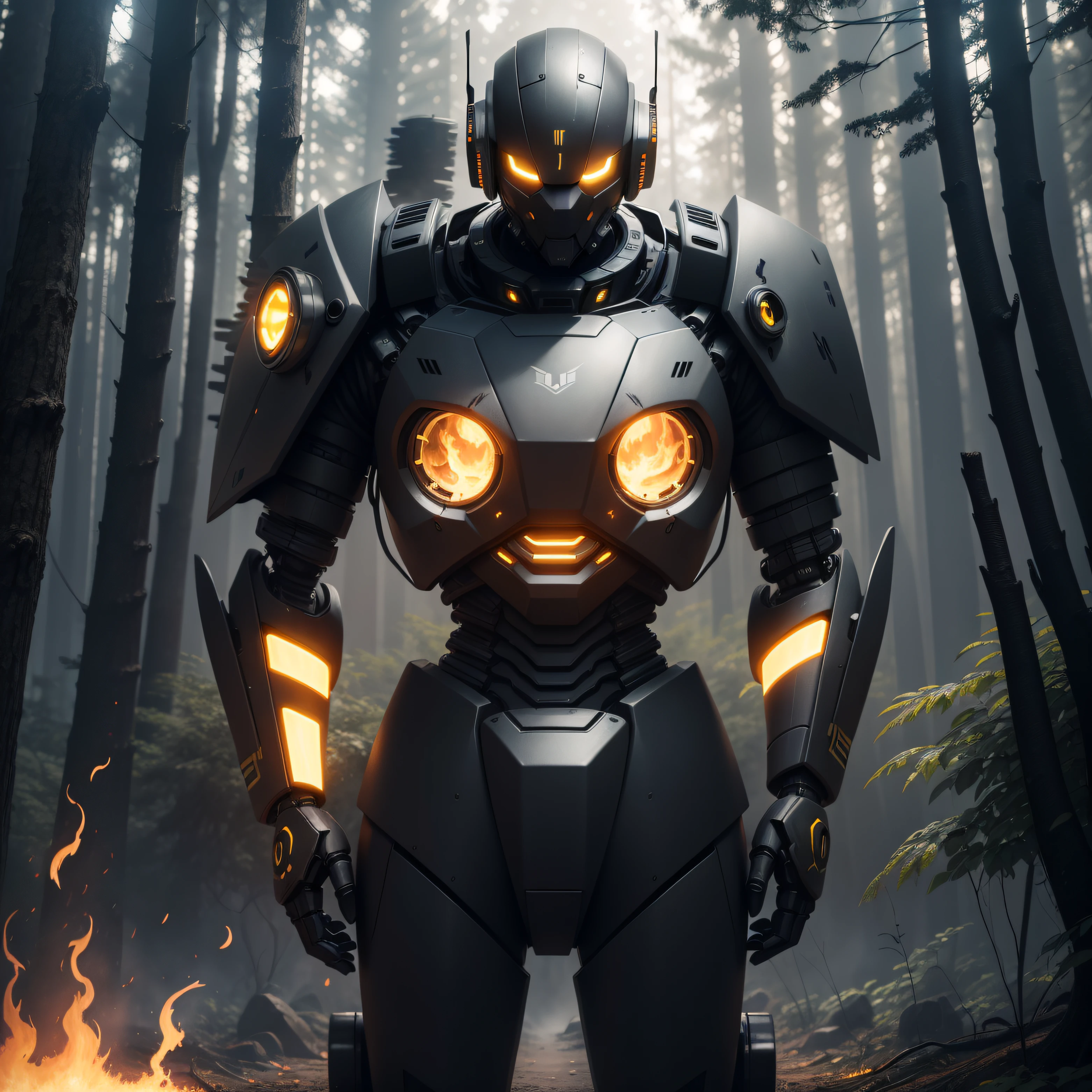 create an image of a futuristic robot with matte black, yellow gray and silver color details place this robot in the middle of a forest with some flames around and smoke in the robot's hand place a chainsaw.