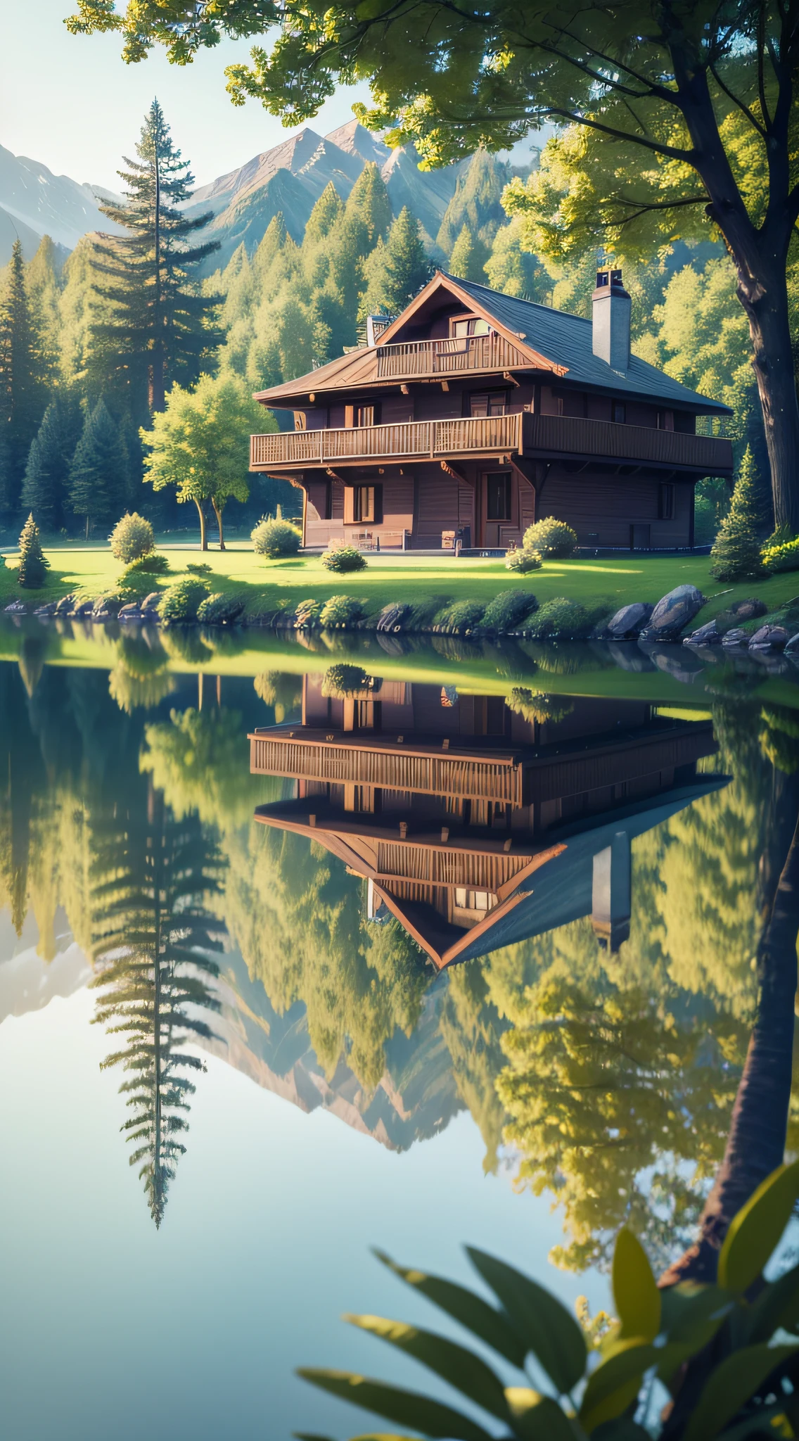 A chalet by the lake with greenery, A big tree, interior architecture, ray tracing, reflection light, wide shot, perspective, bokeh, UHD