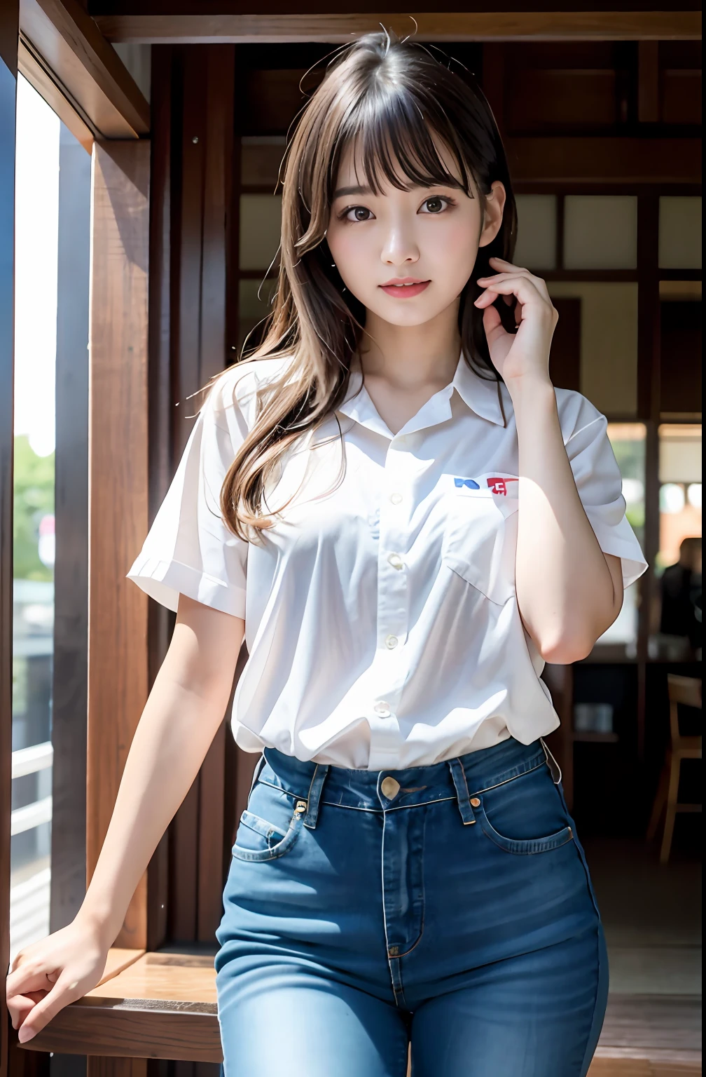 (8K, Raw photography, top-quality, ​masterpiece: 1.2), ​masterpiece, Super Detail, 超A high resolution, (Realistic and realistic photos: 1.37), high-definition RAW color photography, 1girl in, Japanese, ((scornful)), ((scornful)), uniform, nametag, Short sleeves, striped shirt, Light green shirt, ID Card, (Slim Fit Jeans), Short hair, Mole, Bangs, Sweat, POV, Raw photo, Best Quality, masutepiece, ultra-detailliert, 超A high resolution, Realistic, dian, convenience store、乃木坂アイドル、韓国アイドル、hposing Gravure Idol、女優、25-years old、tall、cafes、resturant、Italy、Americans、Australia、Glamour、flank、hot onsen,韓国アイドル、乃木坂アイドル、女優、hposing Gravure Idol、