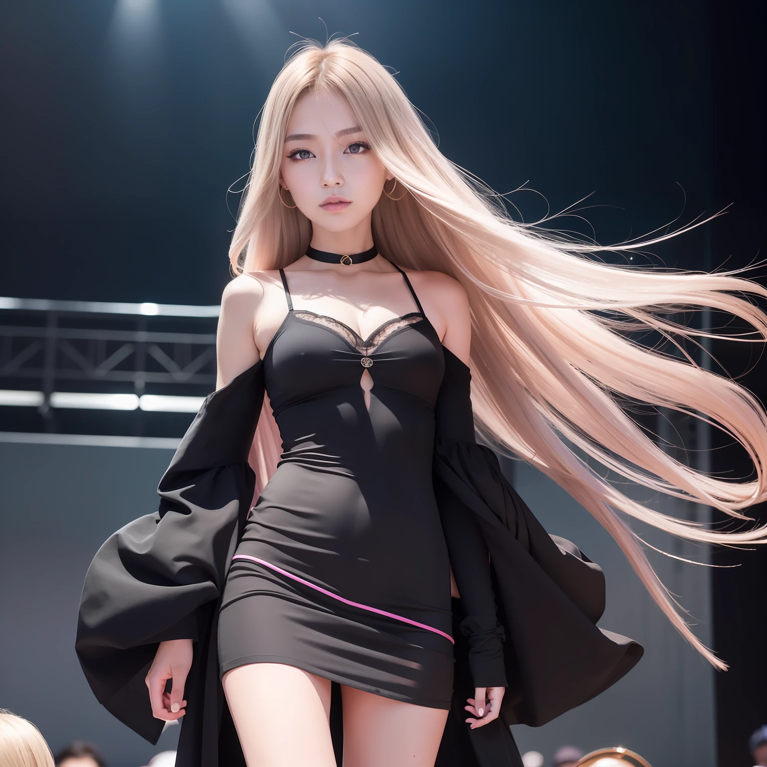 (8K分辨率,fully body photo,photorealestic,Wallpapers),(1 female,18yr old,(digital model:Nanako Matsushima :1.8),(Thin bone face,s delicate face),com rosto detalhado,(Delicate Japanese makeup),Beautiful face,hyperdetailed face,详细的脸,Black colored eyes,(Look into the distance),Hairstyle micro-curls,(Color gradient,Windswept hair,Messy has layers),Redlip,Fair smooth skin,(Best Skin Type:1.21),mediuml breasts,(Undershirt,long skirt,Manteau,College skirt,choker necklace,high-heels),perfect hand,Perfect posture,Dynamic Angle,Dynamic pose,Floating feeling,Ultra-fine makeup,Ultra-fine clothing material),(Stage performances,Exquisite stage details,(Vista view of the catwalk,Outdoor catwalk,Tokyo fashion show,Kansai Hanakui Contest,neonlight,The audience in the audience,Model on the catwalk)),(ardent,excited,ssmile),(Various stage lights,动态照明),(The color is bright,Bells and whistles,Reserved,ellegance(white colors,black in color,in pink,purpleish color,blue colors)),(Golden section,Cinema lenses,Hasselblad photograp,tmasterpiece:1.3),(Pure and cute,dream magical,Little woman,trendsetting,Street style,Artis,Art platform)