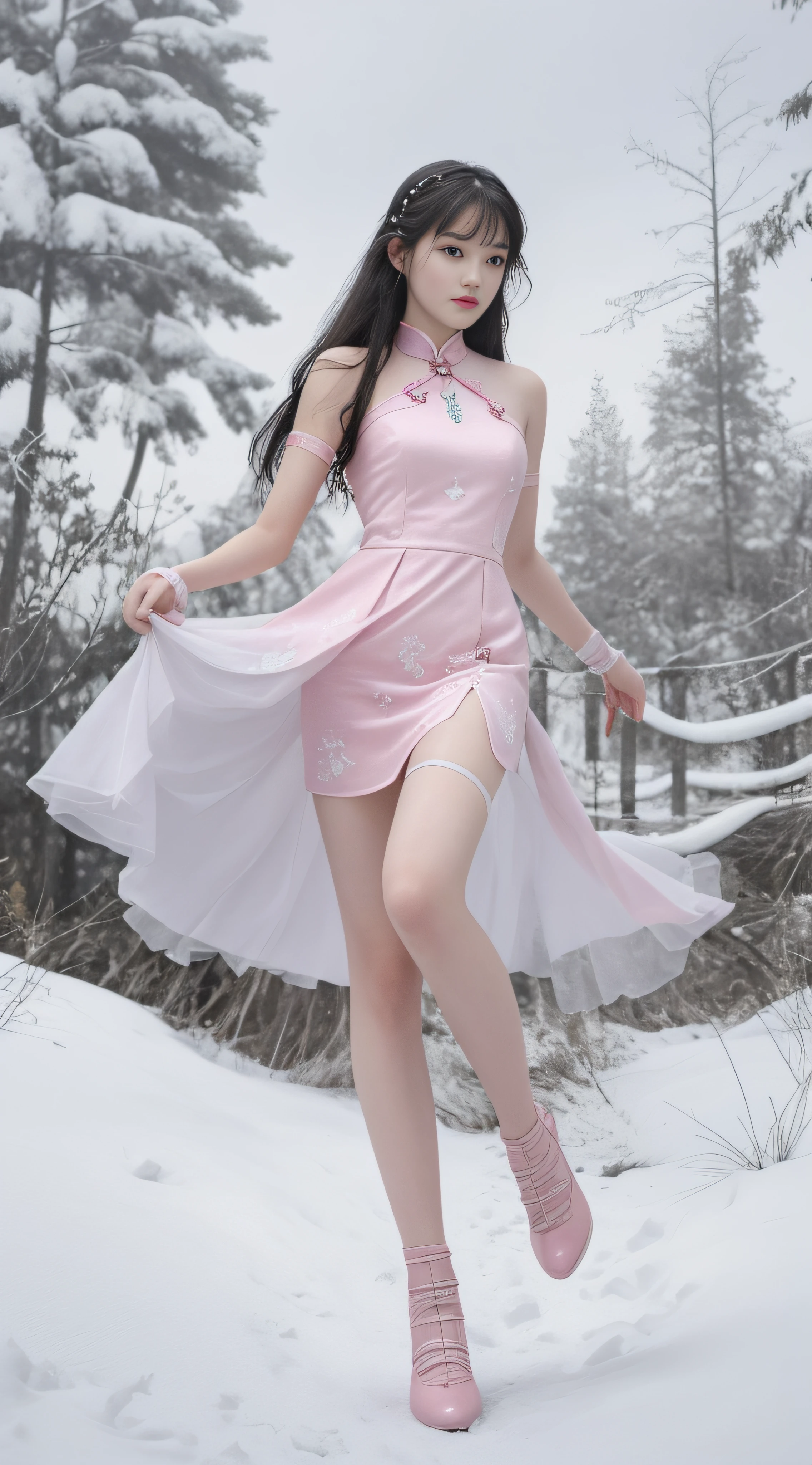 best qualtiy, hyper-high detail,Overlooking,Full body like,18-year-old woman,Snow-white skin,Refined face,Coiled hair,Hairpins,Hairpins,Pink cheongsam,slimfigure,Smaller bust,cropped shoulders,Harnes,Clear stockings,The most beautiful body curves,The upper part of the body,ellegance,outside