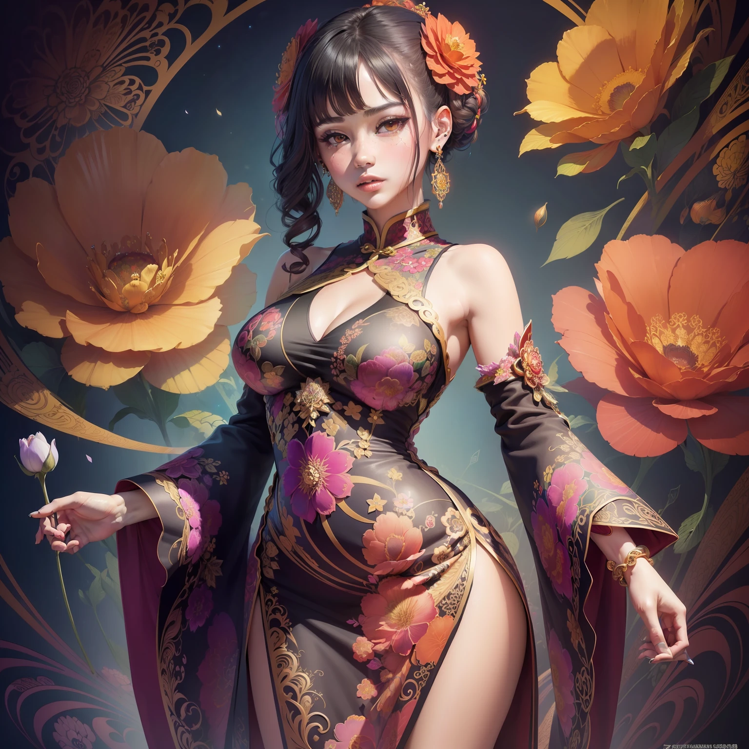 (masterpiece, top quality, best quality, official art, beautiful and aesthetic:1.2), (1girl:1.3), extremely detailed,(fractal art:1.1),(colorful:1.1)(flowers:1.3),highest detailed,(zentangle:1.2), (dynamic pose), (abstract background:1.3), (chinese dress:1.2), (shiny skin), (many colors:1.4), ,(earrings:1.4),