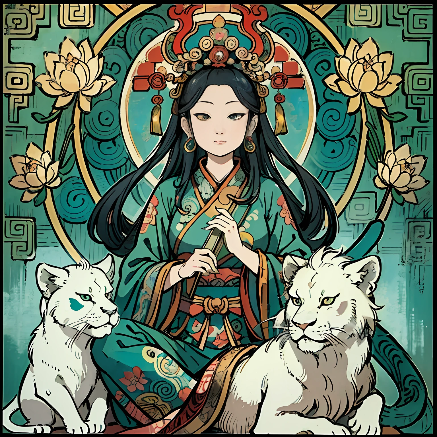 an ancient Chinese goddess, guanyin of the southern seas, Guanyin, Inspired by India, Avalokiteshvara rides a white lion,Serene expression,shui mo hua,Buddha,Buddhist,Lotus,Chinese painting style,Thangka style