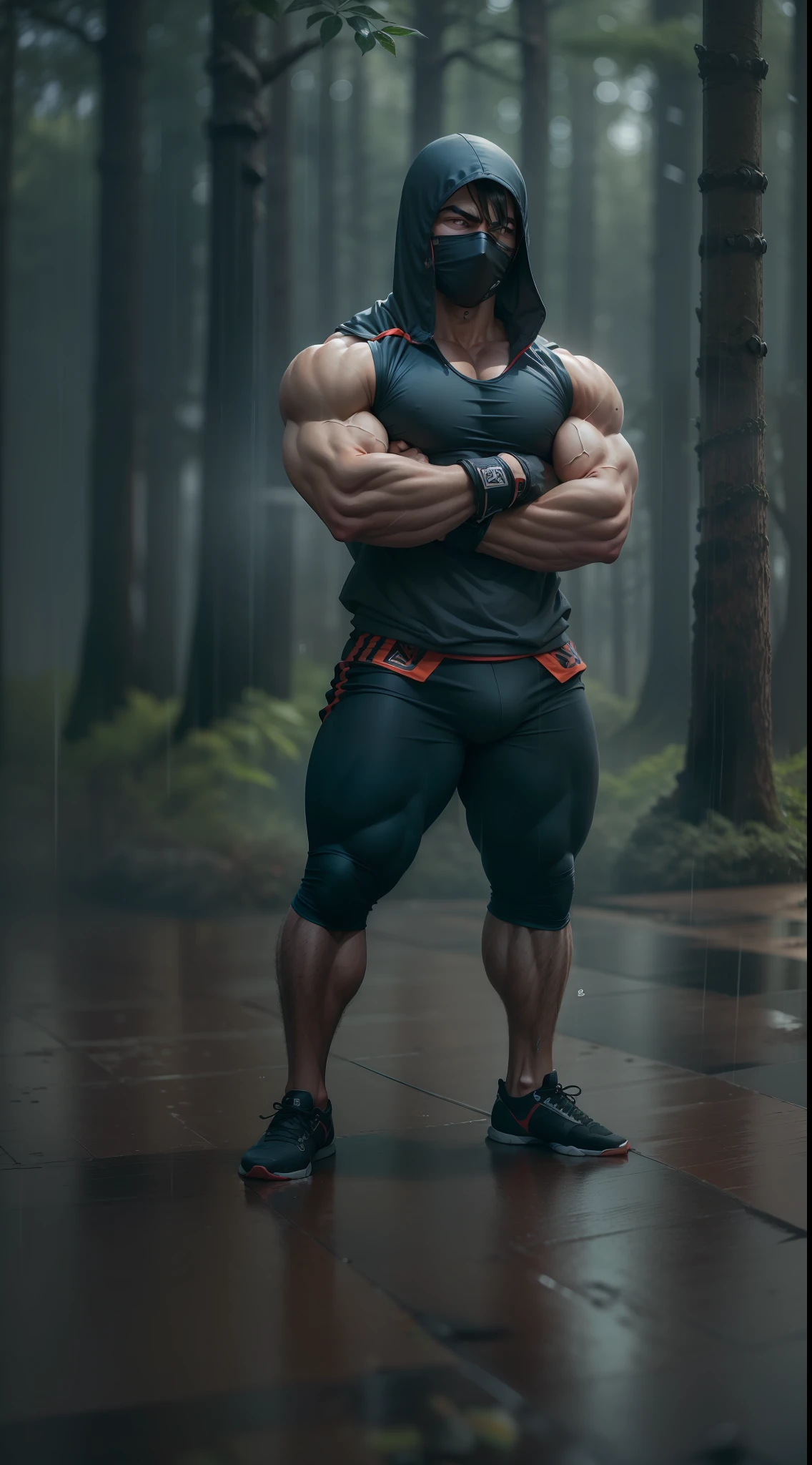 ((A ninja , super strong, Bodybuilder, muscular,)) wearing a stylish gym outfit, raining, a Forest in The background, 35mm lens, photography, ultra details, precise texture details HDR, UHD,K