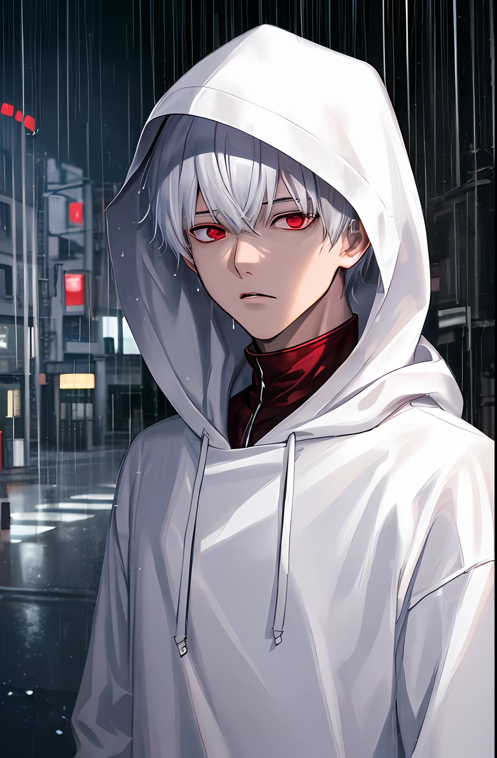 kk, best quality, more details, masterpiece, 1boy, kaneki ken, portrait, male focus, red eyes, solo, bangs, looking at viewer, hood, short hair, rain, tokyo tokyo \(city\),  hood up, nail polish, white hair, luxurious, 8k, detailed, ray tracing, depth of field, cinematic lighting,
