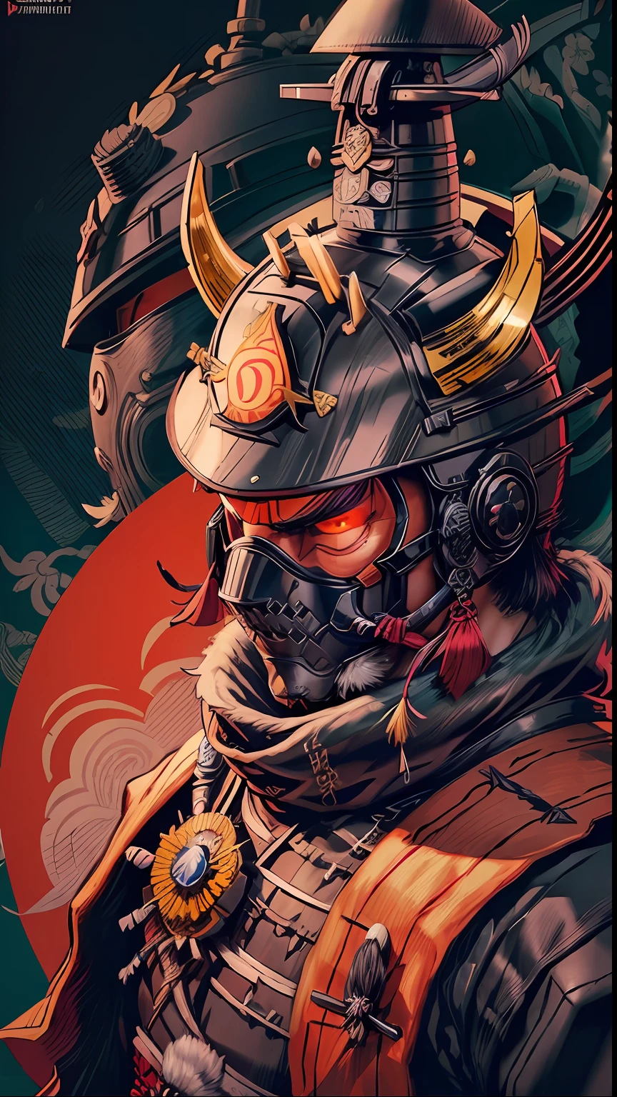 Soldado samurai, helmet and mask, Omib, ilustrador, Front view, rosto, focado, retrato, obra-prima, alta qualidade, 8k, alta resolução, alto detalhado, japanese, samurai