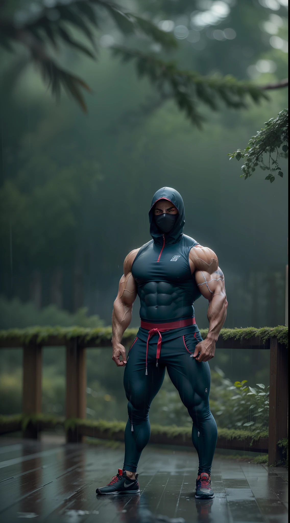 ((A ninja , super strong, Bodybuilder, muscular,)) wearing a stylish gym outfit, raining, a Forest in The background, 35mm lens, photography, ultra details, precise texture details HDR, UHD,64K