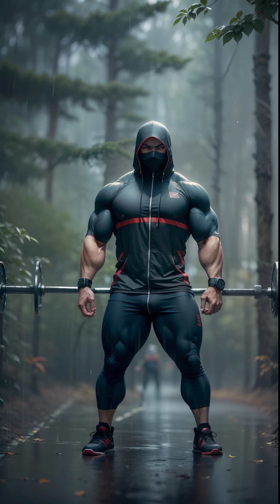 ((A ninja , super strong, Bodybuilder, muscular,)) wearing a stylish gym outfit, raining, a Forest in The background, 35mm lens, photography, ultra details, precise texture details HDR, UHD,64K