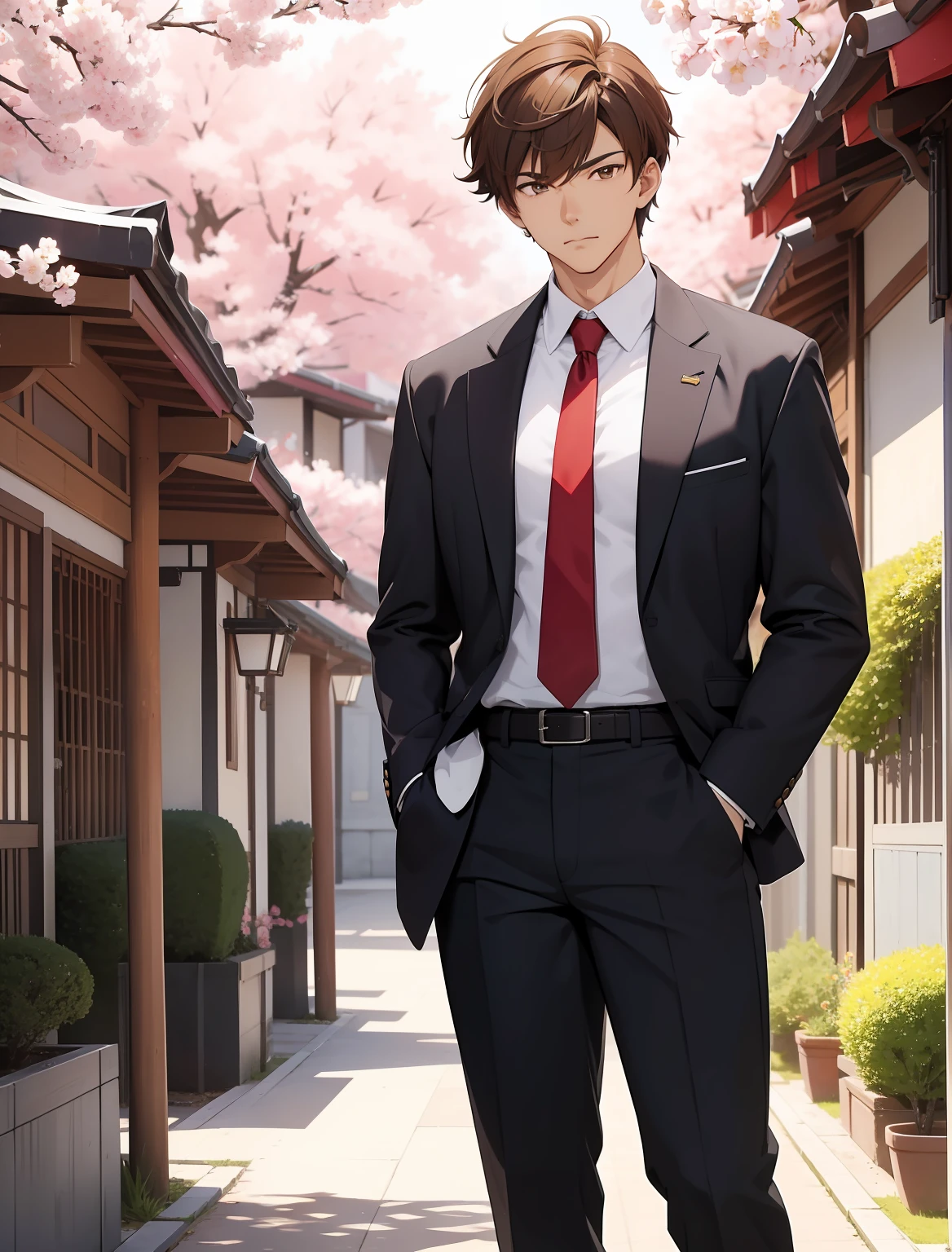 Design an anime-style full body shot of the young man with handsome brown hair and captivating brown eyes. He wears a traditional Japanese school uniform, showcasing his sense of style. His well-built physique is accentuated by the uniform's tailored fit. The scene is set in the courtyard of the school, with cherry blossom trees in bloom, evoking a sense of nostalgia. Capture him in a casual yet confident pose, his hands nonchalantly tucked into his pockets. Use a vibrant color palette to enhance the vibrant atmosphere and incorporate dynamic linework to define his features. The image should be a medium shot, highlighting both his outfit and his engaging demeanor.