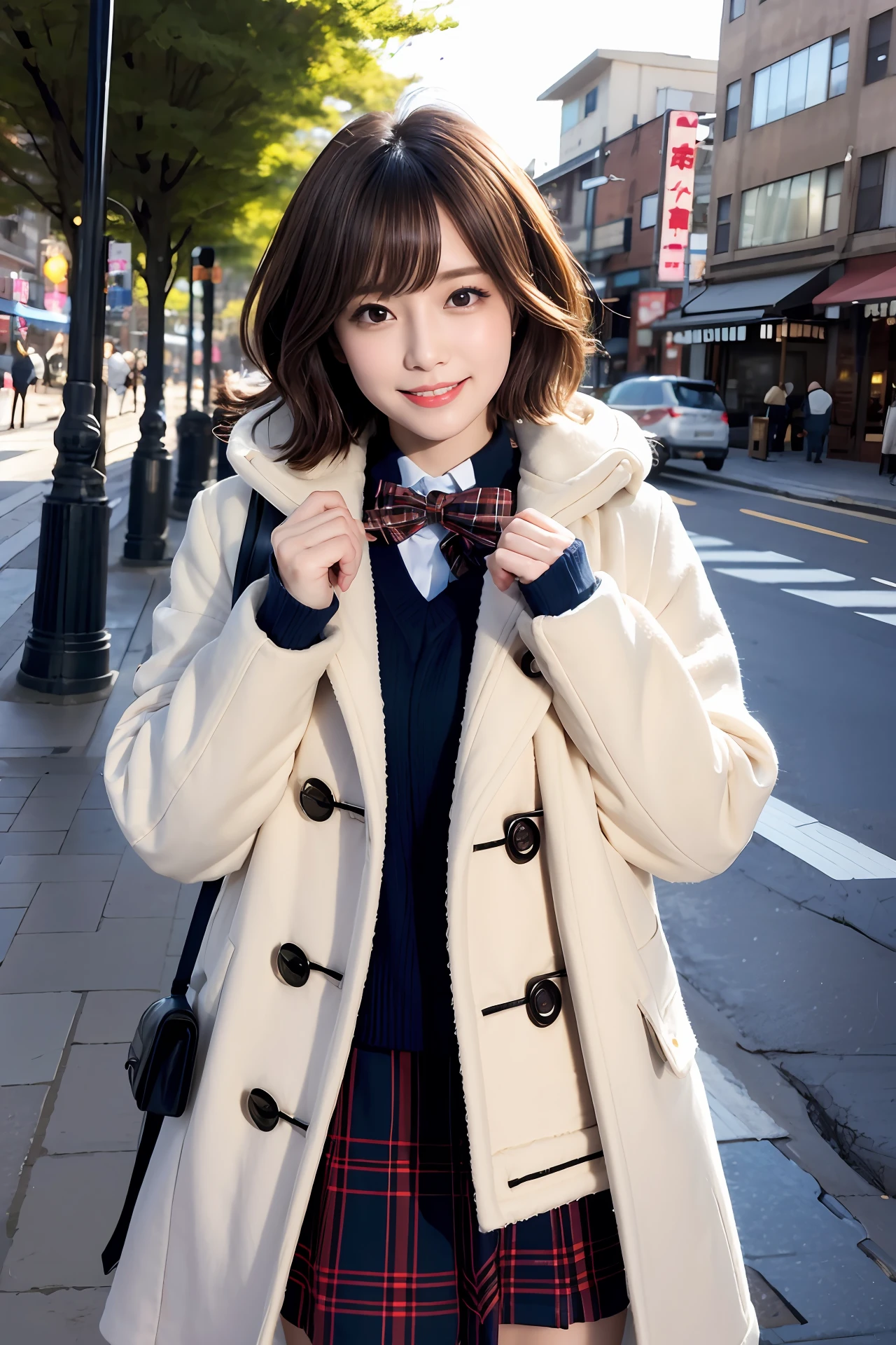 1girl, coat, hoods, jaket, ((Duffel coat)), s lips, lipsticks, Plaid, plaid_skirt, realisitic, skirt by the, 独奏, is standing, top-quality, Photorealsitic, masterpiece, 8K, hight resolution, 独奏, (((femele))), (medium breasts), ((Look at viewers)), (looking in camera), (short-hair), (profetional lighting, bokeh dof),Top Angle View, extra detailed face, Fashionable and trendy atmosphere, jpn, a street, a park, a river, Sakura, ((during daytime)), (portlate:0.6), seducting smile、a gorgeous、Floating hair、(light particules、lensflare、glowing particles:0.6)、(dynamicposes:1.2)、Soft lighting、brown haired、full bodyesbian、Narrow face、a smile、Obvious moles under the eyes,韓国アイドル、乃木坂アイドル、女優、hposing Gravure Idol、