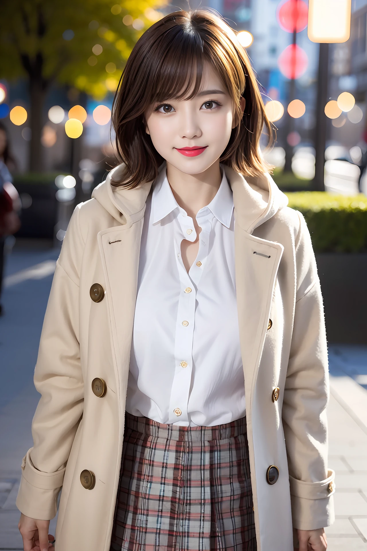 1girl, coat, hoods, jaket, ((Duffel coat)), s lips, lipsticks, Plaid, plaid_skirt, realisitic, skirt by the, 独奏, is standing, top-quality, Photorealsitic, masterpiece, 8K, hight resolution, 独奏, (((femele))), (medium breasts), ((Look at viewers)), (looking in camera), (short-hair), (profetional lighting, bokeh dof),Top Angle View, extra detailed face, Fashionable and trendy atmosphere, jpn, a street, a park, a river, Sakura, ((during daytime)), (portlate:0.6), seducting smile、a gorgeous、Floating hair、(light particules、lensflare、glowing particles:0.6)、(dynamicposes:1.2)、Soft lighting、brown haired、full bodyesbian、Narrow face、a smile、Obvious moles under the eyes,韓国アイドル、乃木坂アイドル、女優、hposing Gravure Idol、