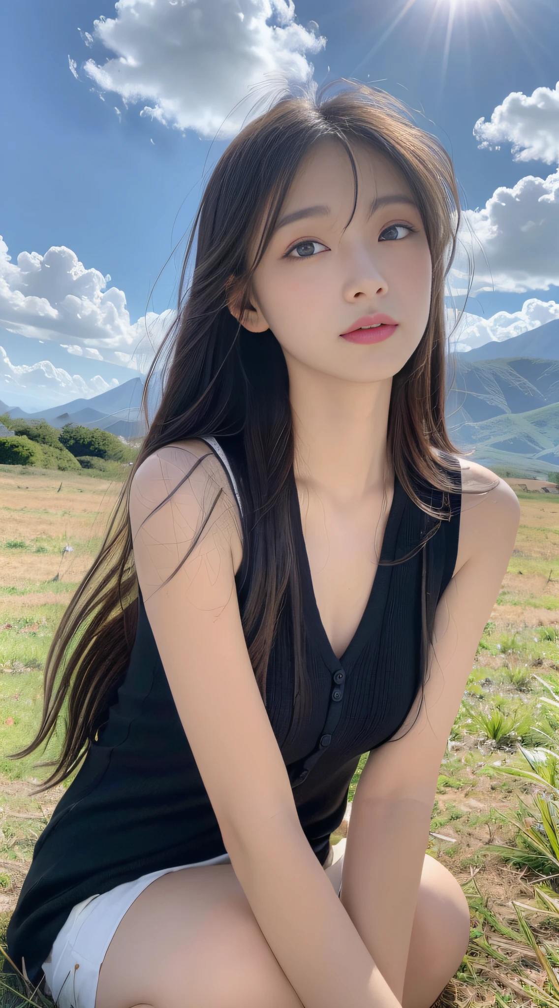 ((best quality, 8k, masterpiece:1.3)), a beautiful girl, pure, melon face, gentle and cute, thin figure, (frontal), (tilted head), looking directly into the camera, [detached sleeves::0], [collared shirt::0], [capri pants::0], black silky long straight hair, long hair flowing over the shoulders, round black big eyes, clear big eyes, moist red lips, sweet smile, sitting, hands on knees, Blue sky and white clouds, sunshine, grassland, mountain peaks, northern view of Tibetan grassland