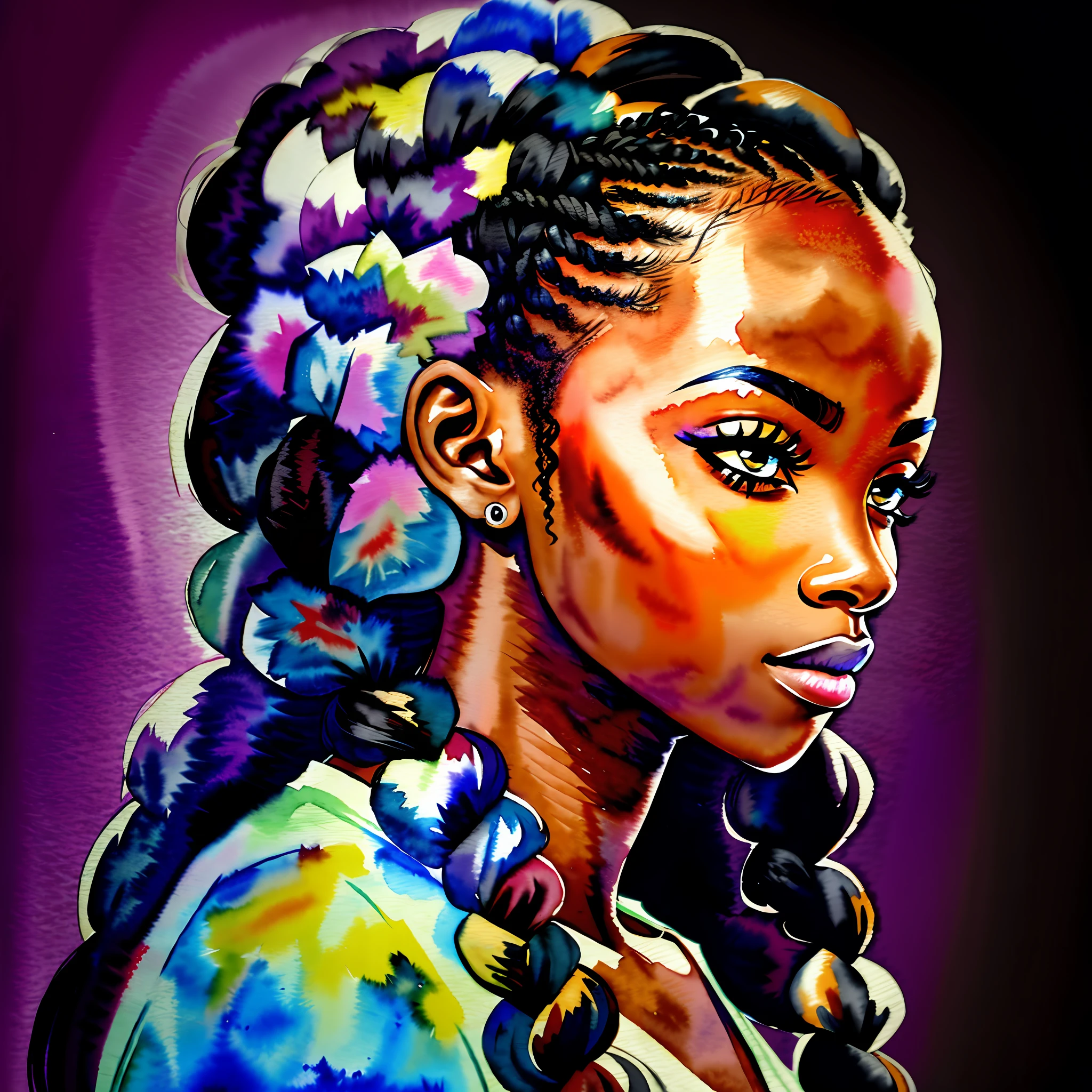 black african american woman beautiful girl side face, painting watercolor style long hair, braids, cornrowsm plaits, nikon dslr; scar, black mist pro lens filter, dark bacground; 4k --ar 4:5