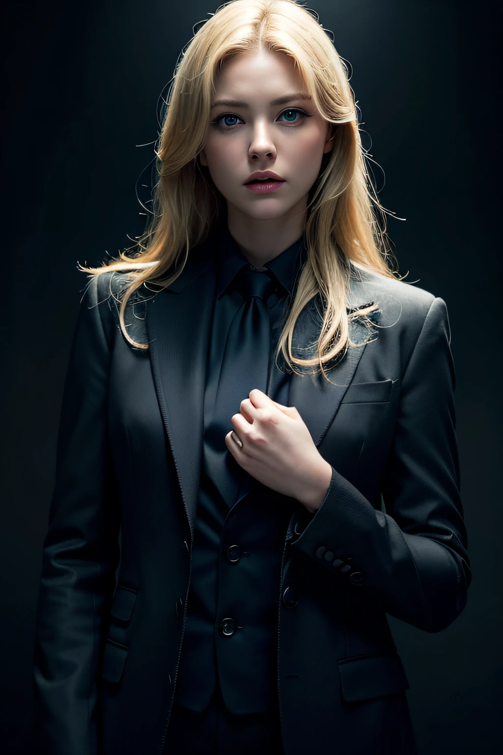 Best quality, masterpiece, ultra high res, (photorealistic:1.4), raw photo, 1girl, blonde hair, blue eyes, detailed eyes and face, black suit, dynamic lighting, in the dark, deep shadow, low key, cowboy shot full-lenght body