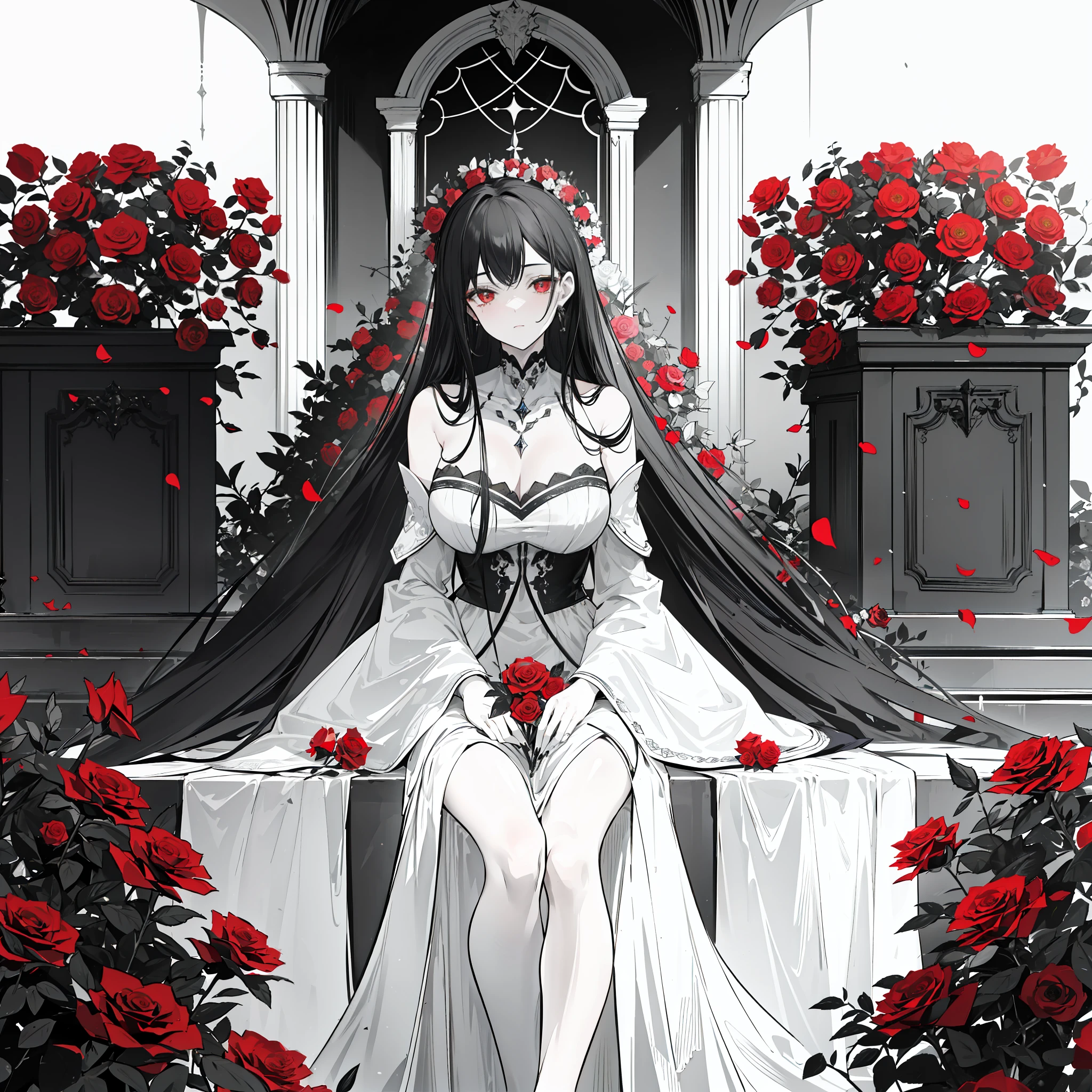 "4k Monochromatic. Elegant mature woman with black hair sitting in the middle of the altar, red roses surround her covering her pale skin. She had died hundreds of years ago, but her body was still intact. (Monochromatic:1:1)"
