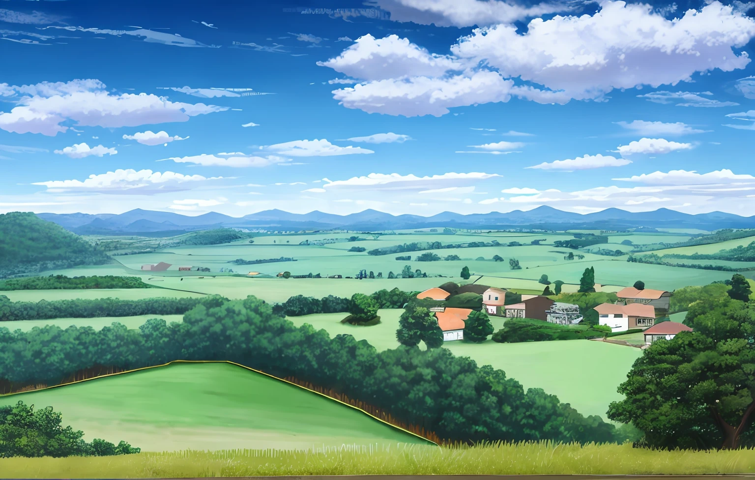 landscape, forest, village, well, sky, clouds